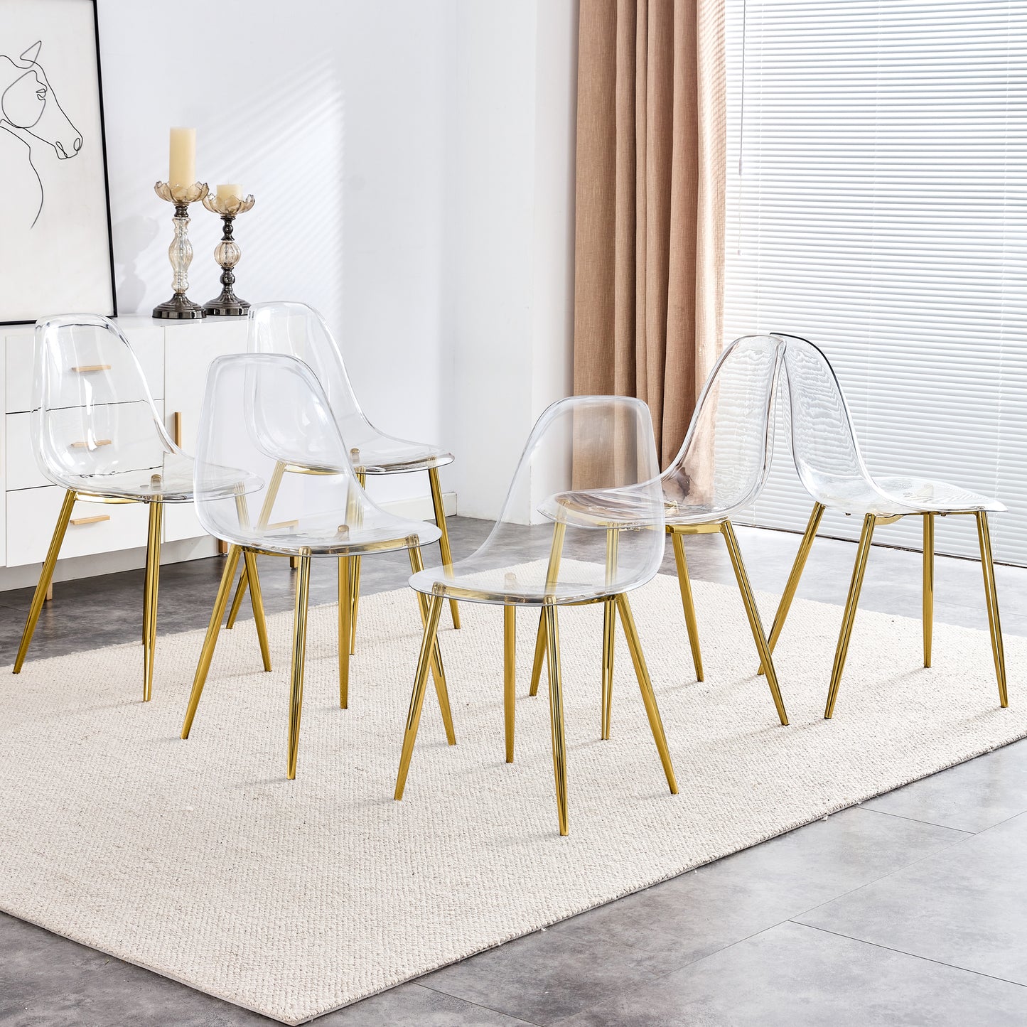Modern Minimalist Transparent Dining Chair Set with Gold-Plated Metal Legs - Nordic Armless Crystal Makeup Stools 6-Piece TW-1200