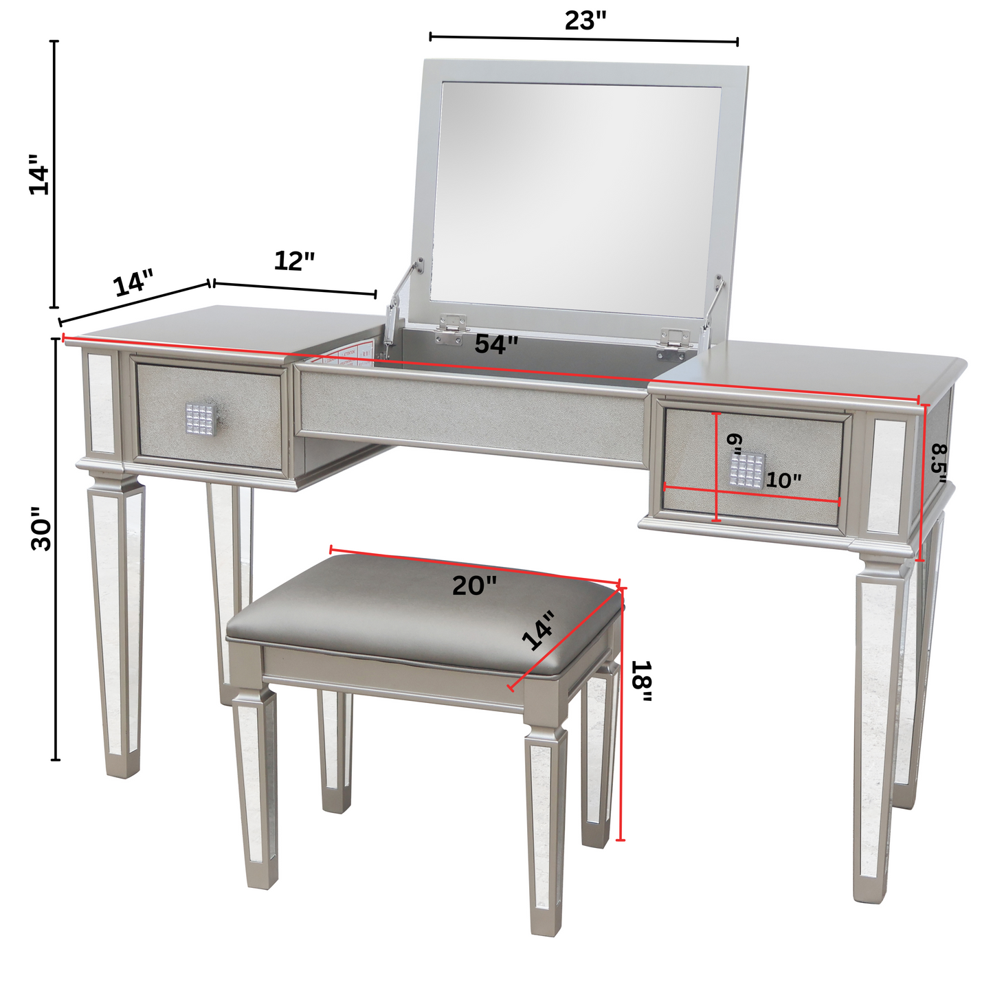 Mirrored Vanity Desk with Drawers and Stool, Flip Top Makeup Table Set for Bedroom, Stylish Dressing Table for Women and Girls