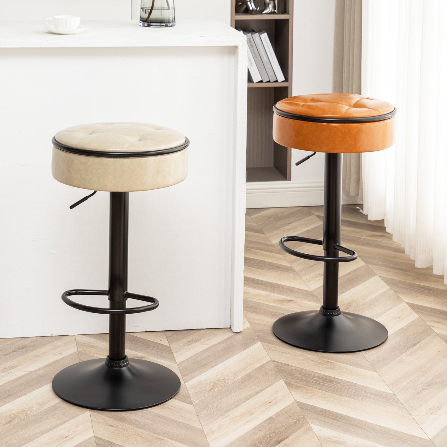 Khaki Faux Leather Adjustable Bar Stool Set of 2 360° Swivel Armless Counter Chairs with Metal Frame for Kitchen Dining Living Room