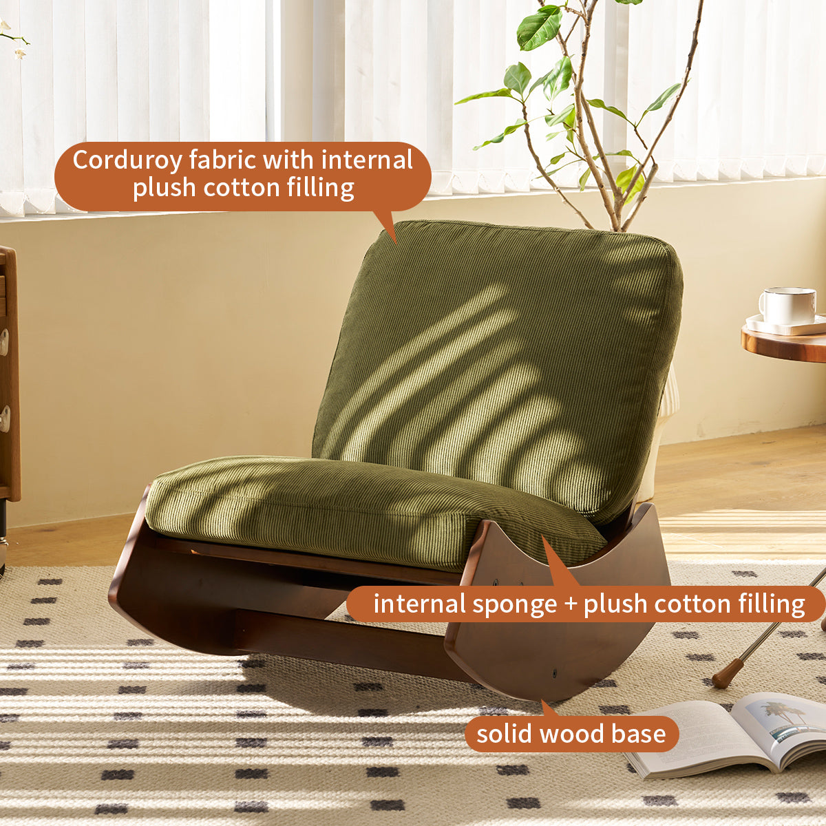 Elegant Upholstered Glider Rocking Chair with Solid Wood Frame for Living Room Nursery and Bedroom Relaxation