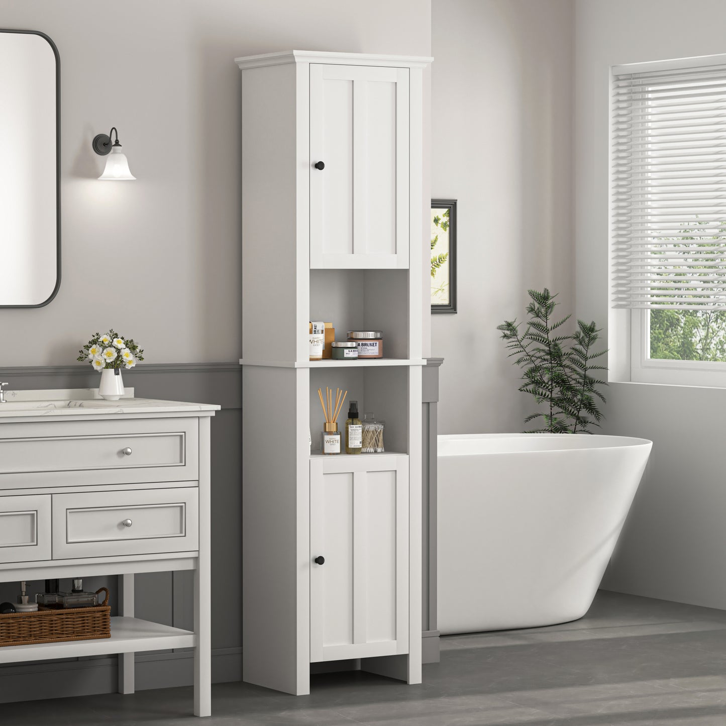 Bathroom Floor Storage Cabinet with 2 Doors, Wooden Living Room Cabinet with 6 Shelves, Space-Saving Organizer 15.75x11.81x66.93