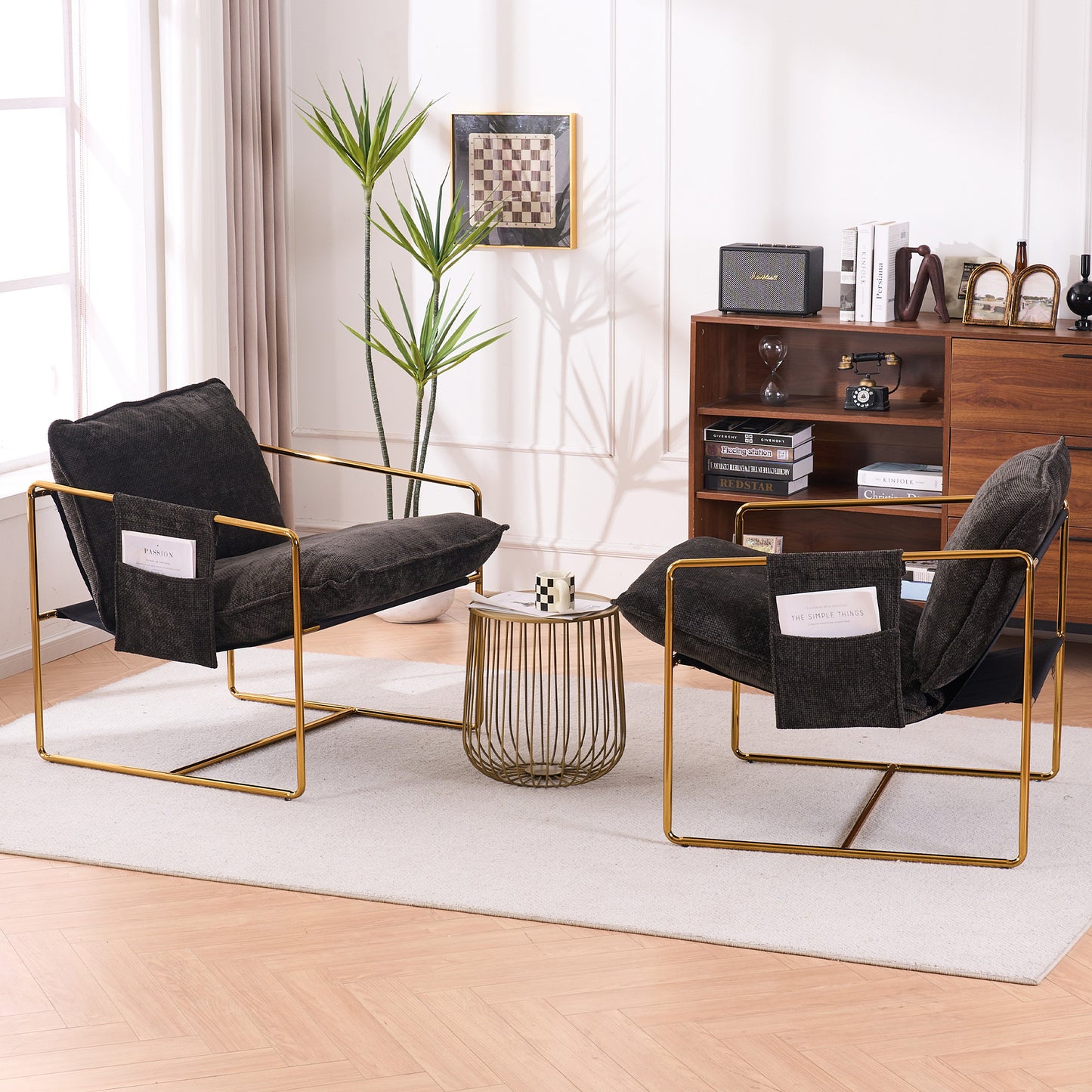 Dual Armchair Set in One Box Upholstered Hanging Chairs with Arm Pockets Metal Frame Dark Gray Crushed Foam Cushions for Living Room Bedroom