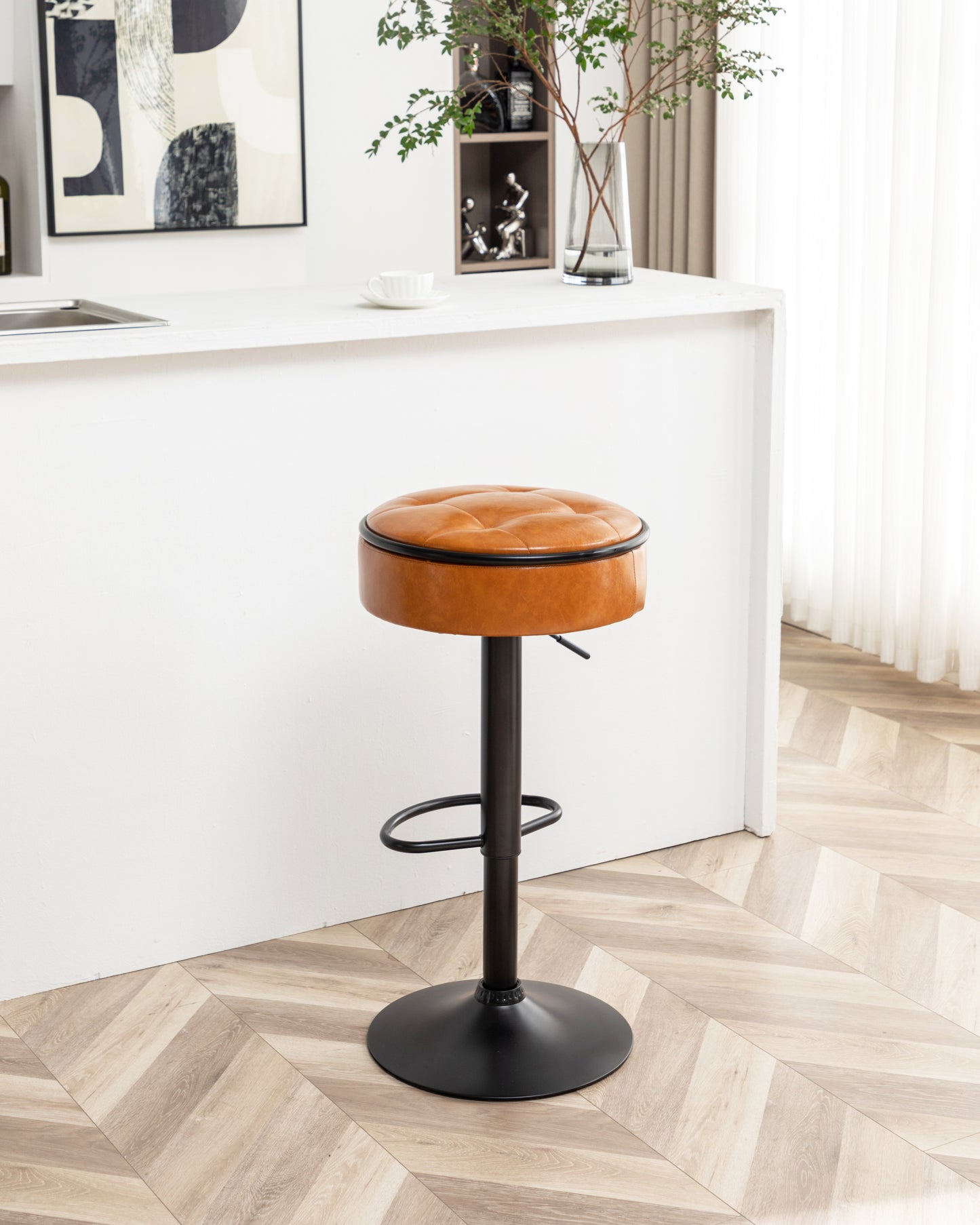 Adjustable Brown Faux Leather Bar Stool Set of 2 360° Swivel Armless Counter Height Chairs for Kitchen Dining Living Room