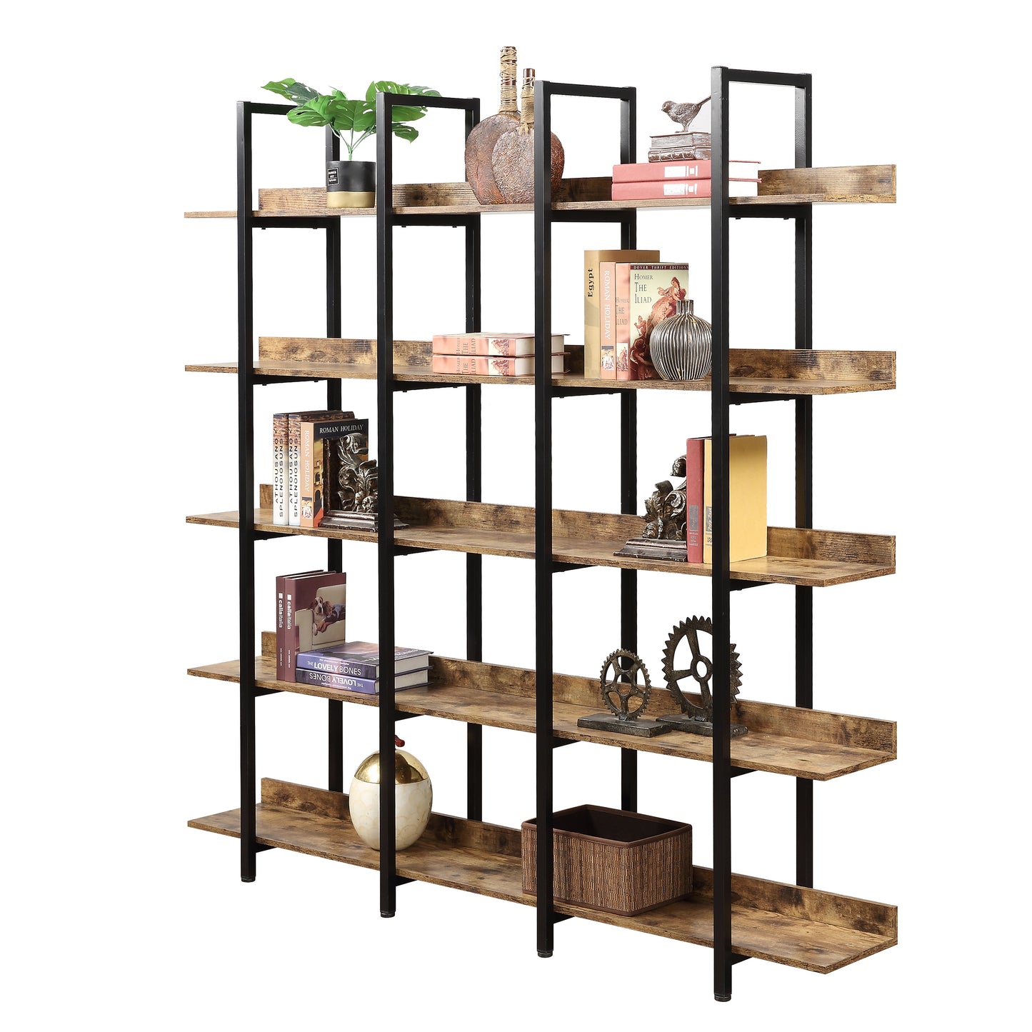 5 Tier Open Bookshelf Vintage Industrial Style Metal Frame MDF Board Home Office Storage Shelf
