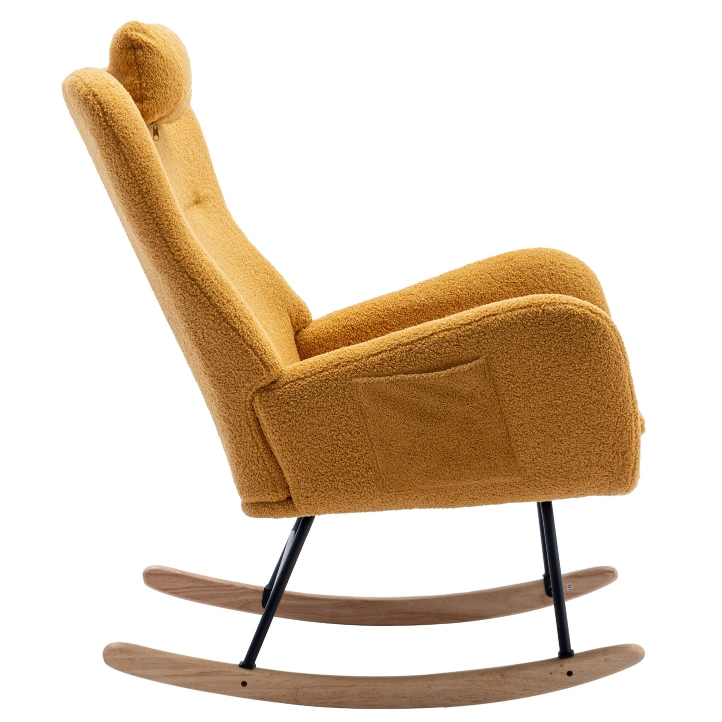35.5 inch Rocking Chair with Pocket, Soft Teddy Fabric Rocking Chair for Nursery, Comfy Wingback Glider Rocker with Safe Solid Wood Base for Living Room Bedroom Balcony (TURMERIC)