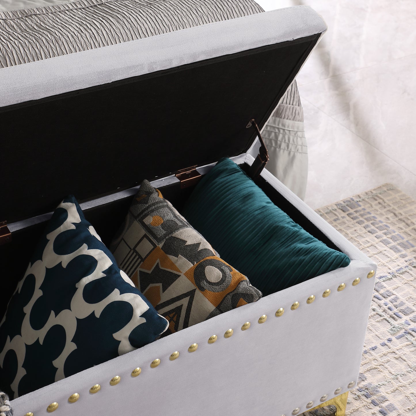 Large Storage Benches with Nailhead Trim Tufted Velvet 2 in 1 Combination for Living Room Entryway Hallway Bedroom Gold Legs 250lbs Capacity