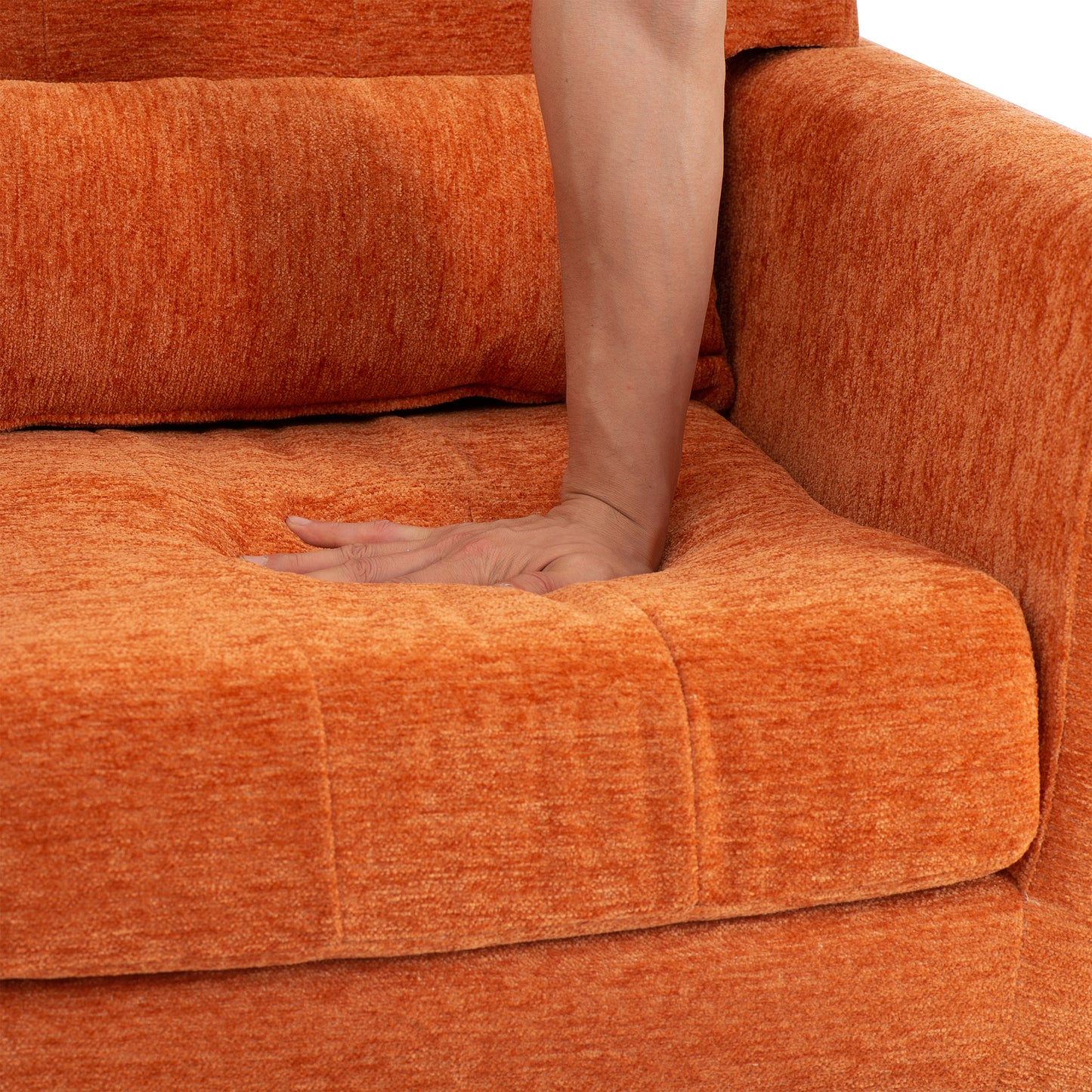 Orange Chenille Accent Chair for Living Room Soft Padded Armchair with Pillow Solid Wood Legs Ideal for Small Spaces
