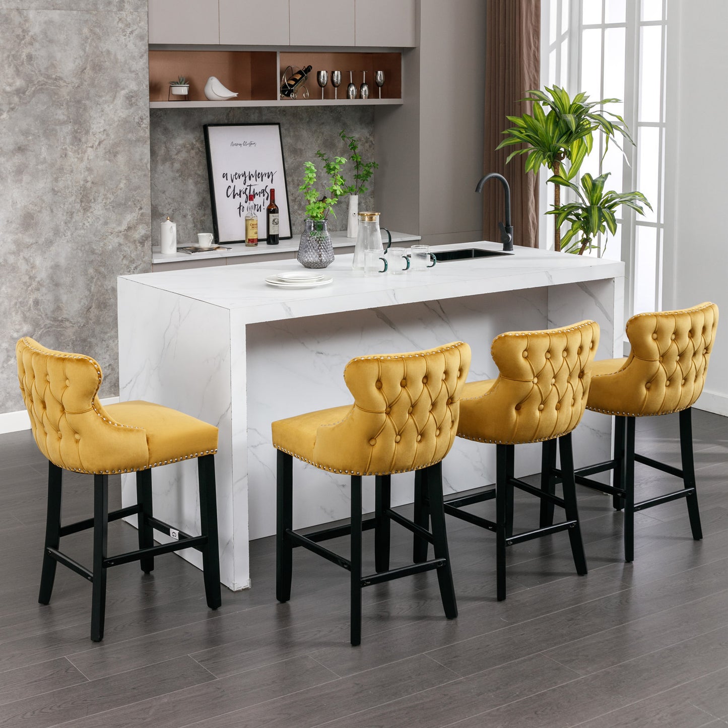 Gold Velvet Wing-Back Barstools with Button Tufting and Chrome Nailhead Trim Set of 2