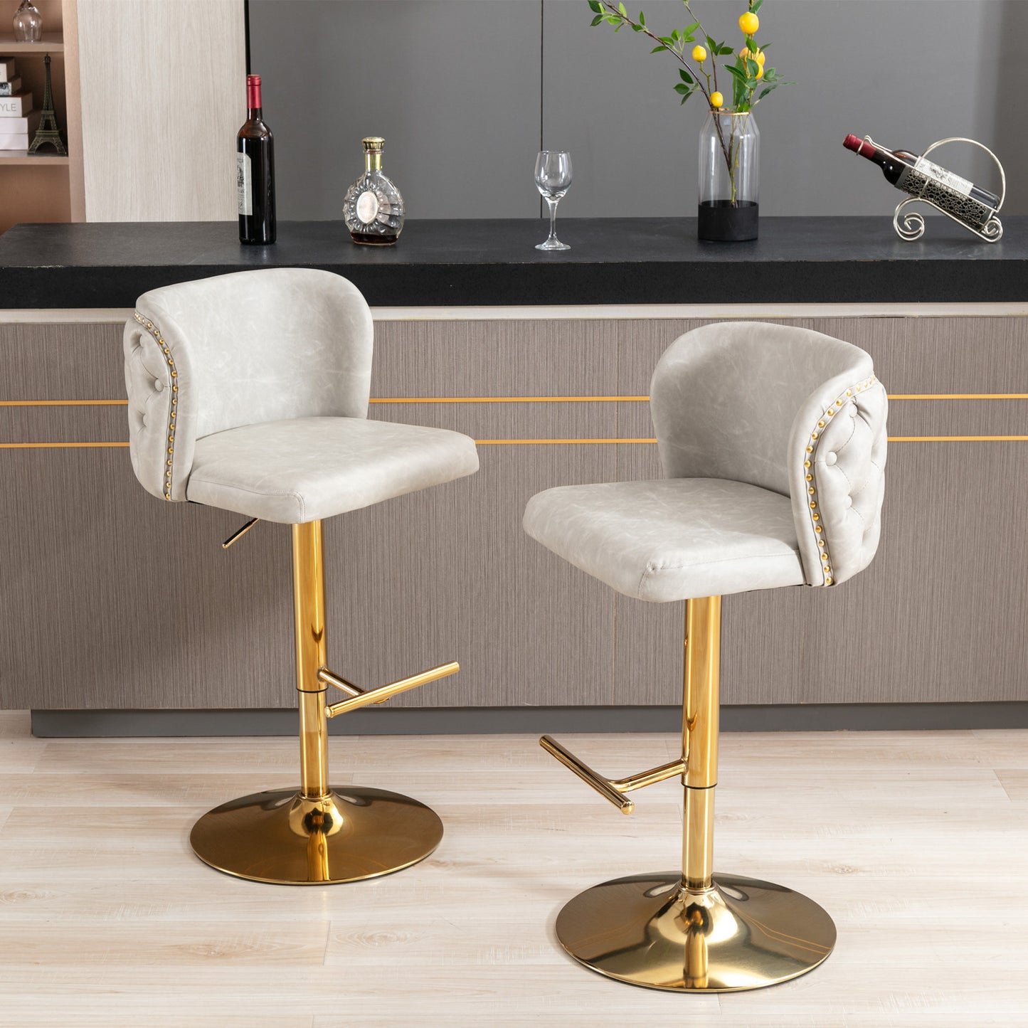 Adjustable Height Swivel Bar Stools with Tufted Backrest Modern PU Upholstery for Kitchen Island and Home Pub Beige Set of 2