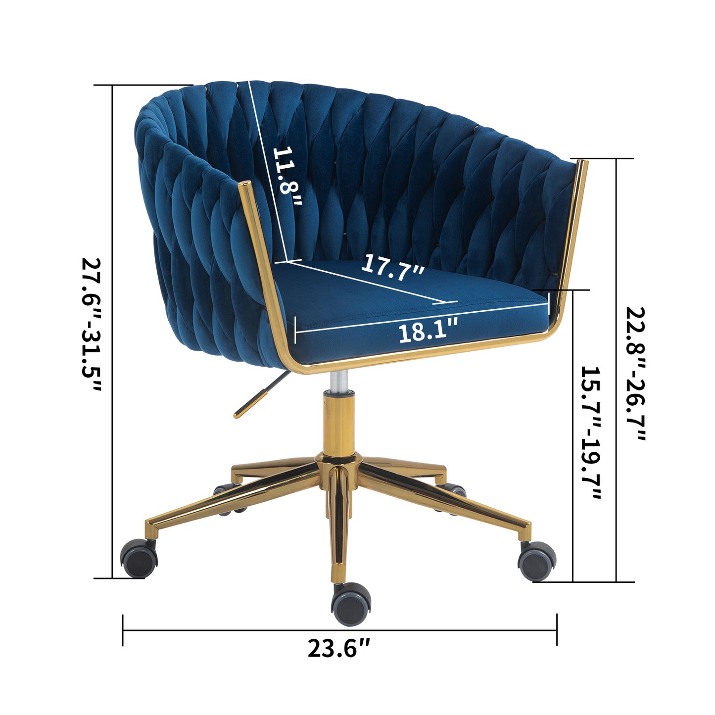 Modern Hand Woven Office Chair with Wheels Height Adjustable 360 degree Swivel Vanity Chair for Bedroom Living Room Blue