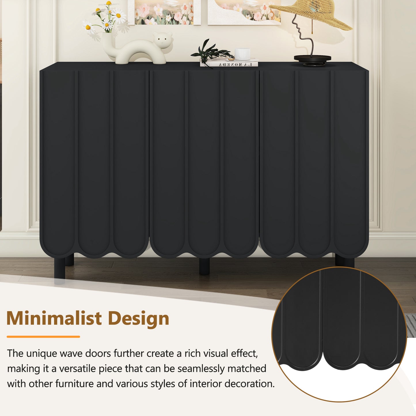 Cream Minimalist Shoe Cabinet with 5 Solid Wood Legs Adjustable Shelves Wave Door Design for Living Room Storage Black