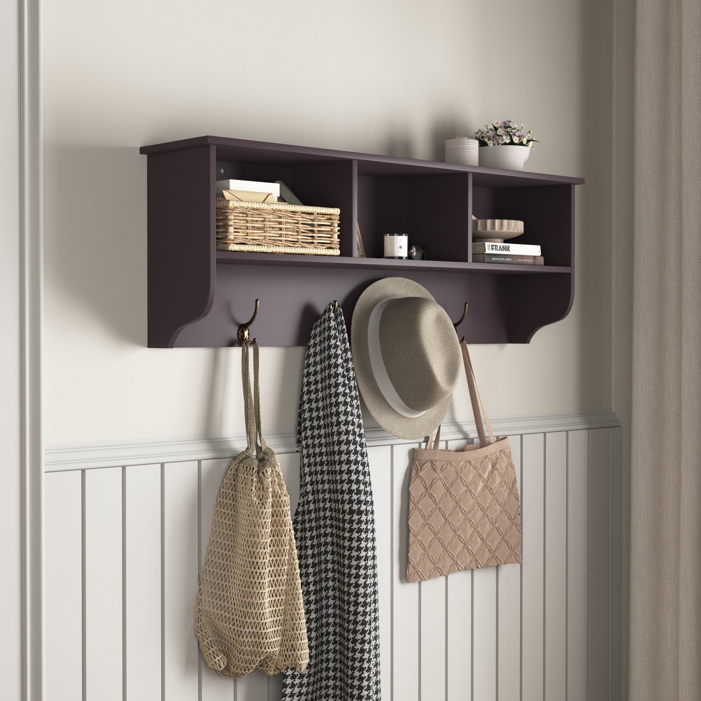 Espresso Wall Mounted Coat Rack with 4 Dual Hooks & Wooden Storage Shelf for Entryway & Living Room