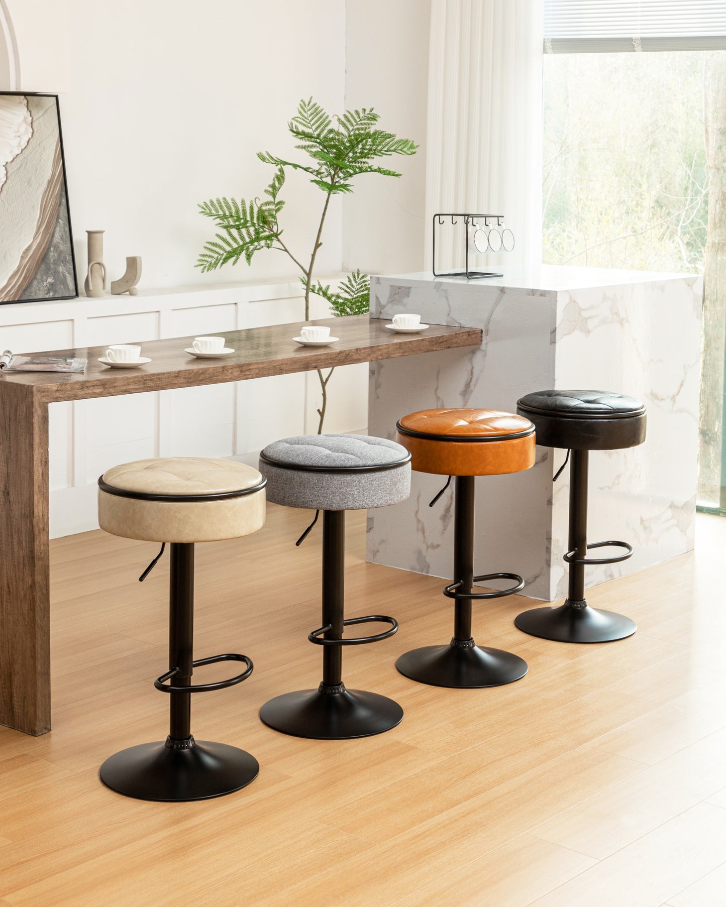 Khaki Faux Leather Adjustable Bar Stool Set of 2 360° Swivel Armless Counter Chairs with Metal Frame for Kitchen Dining Living Room