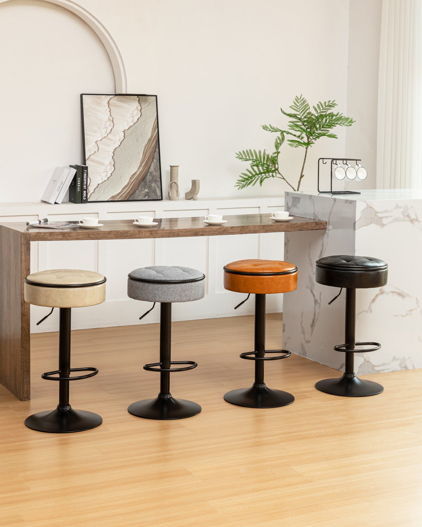 Adjustable Brown Faux Leather Bar Stool Set of 2 360° Swivel Armless Counter Height Chairs for Kitchen Dining Living Room