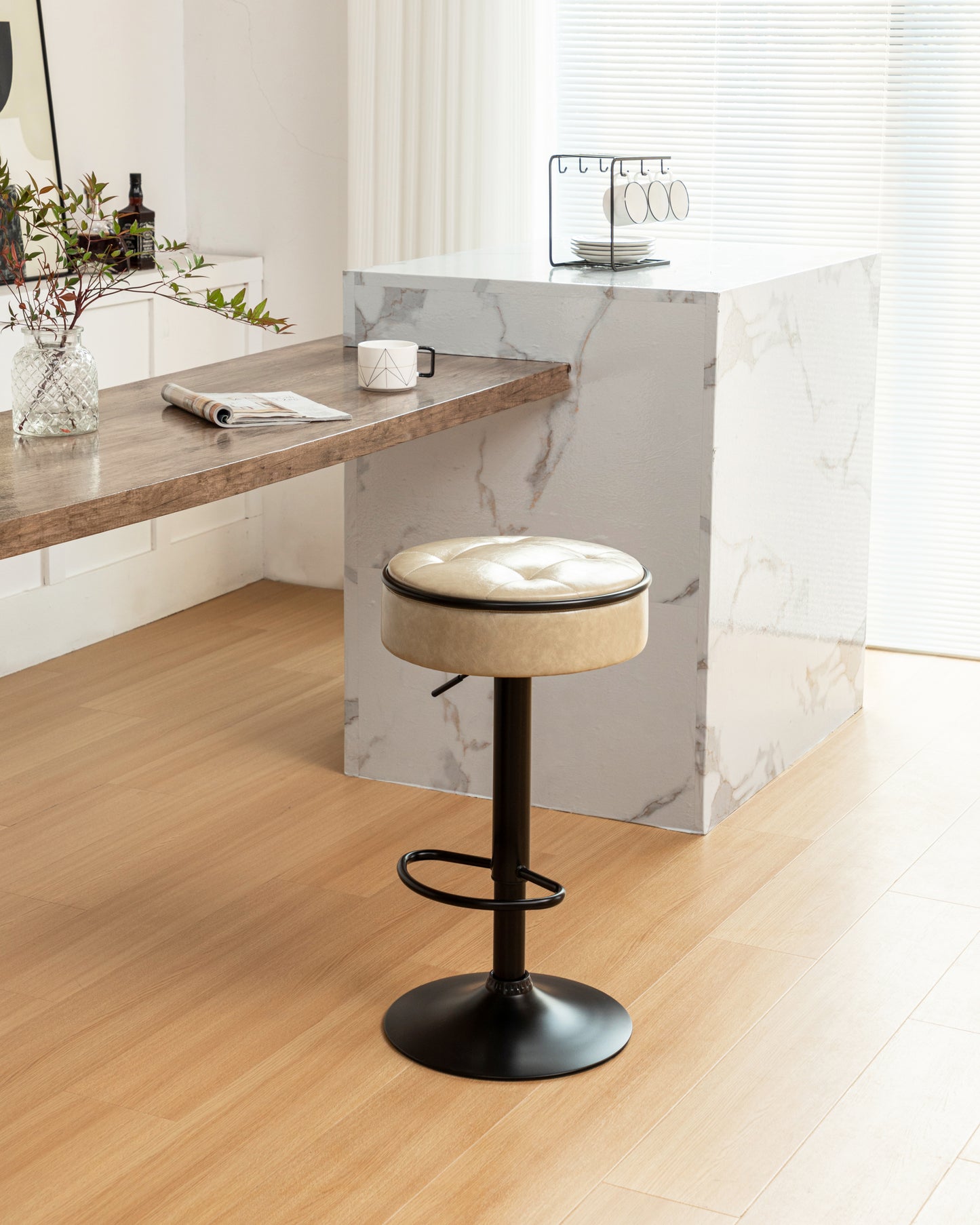 Khaki Faux Leather Adjustable Bar Stool Set of 2 360° Swivel Armless Counter Chairs with Metal Frame for Kitchen Dining Living Room