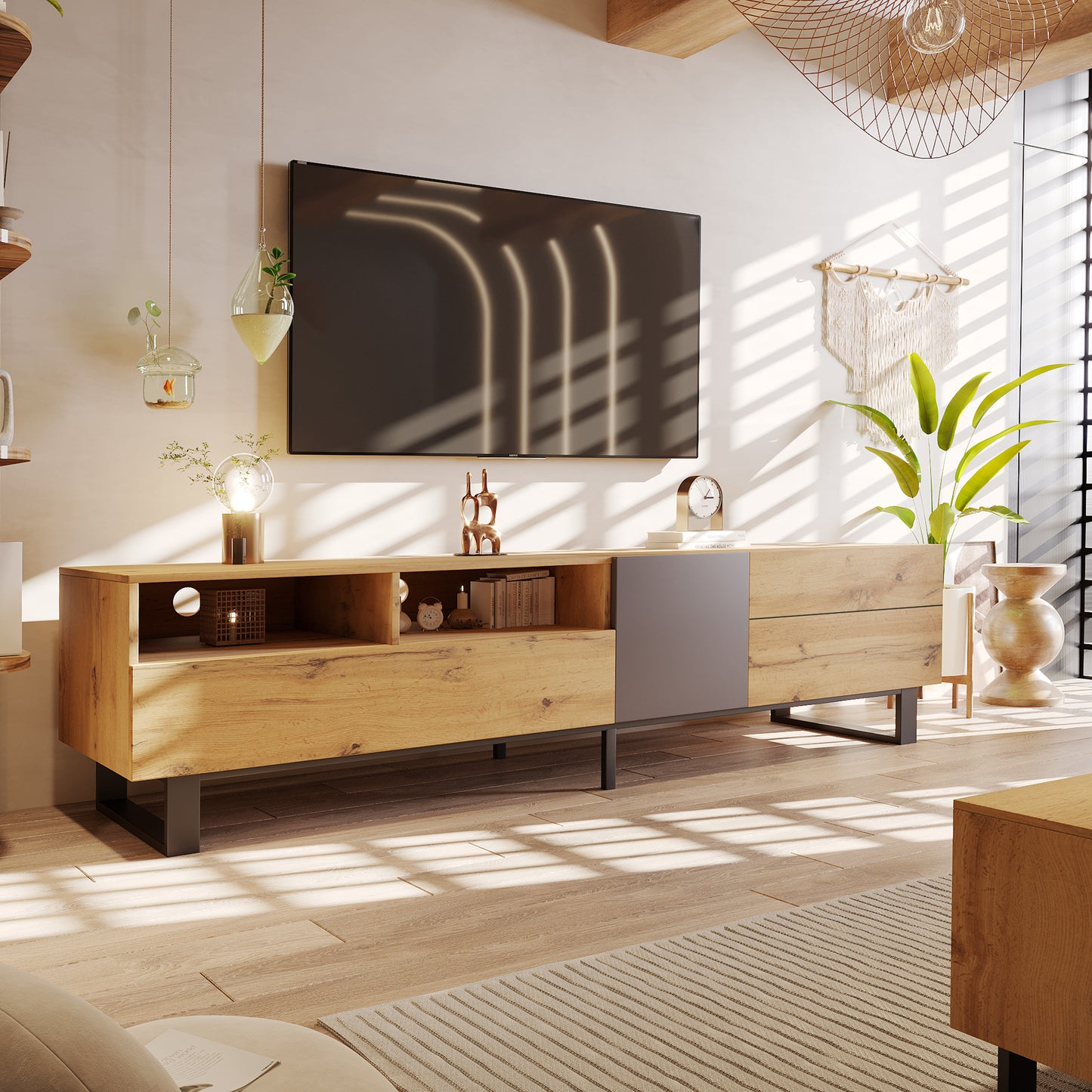 Elegant Modern TV Stand for 80 Inch TV with Double Storage Media Console Entertainment Center and Drop Down Door