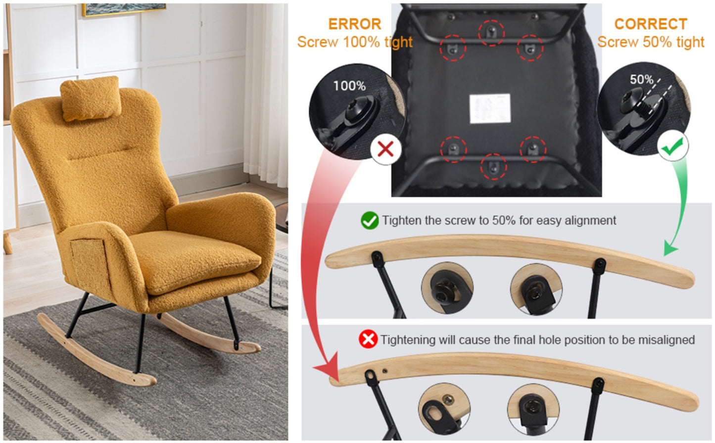 35.5 inch Rocking Chair with Pocket, Soft Teddy Fabric Rocking Chair for Nursery, Comfy Wingback Glider Rocker with Safe Solid Wood Base for Living Room Bedroom Balcony (TURMERIC)