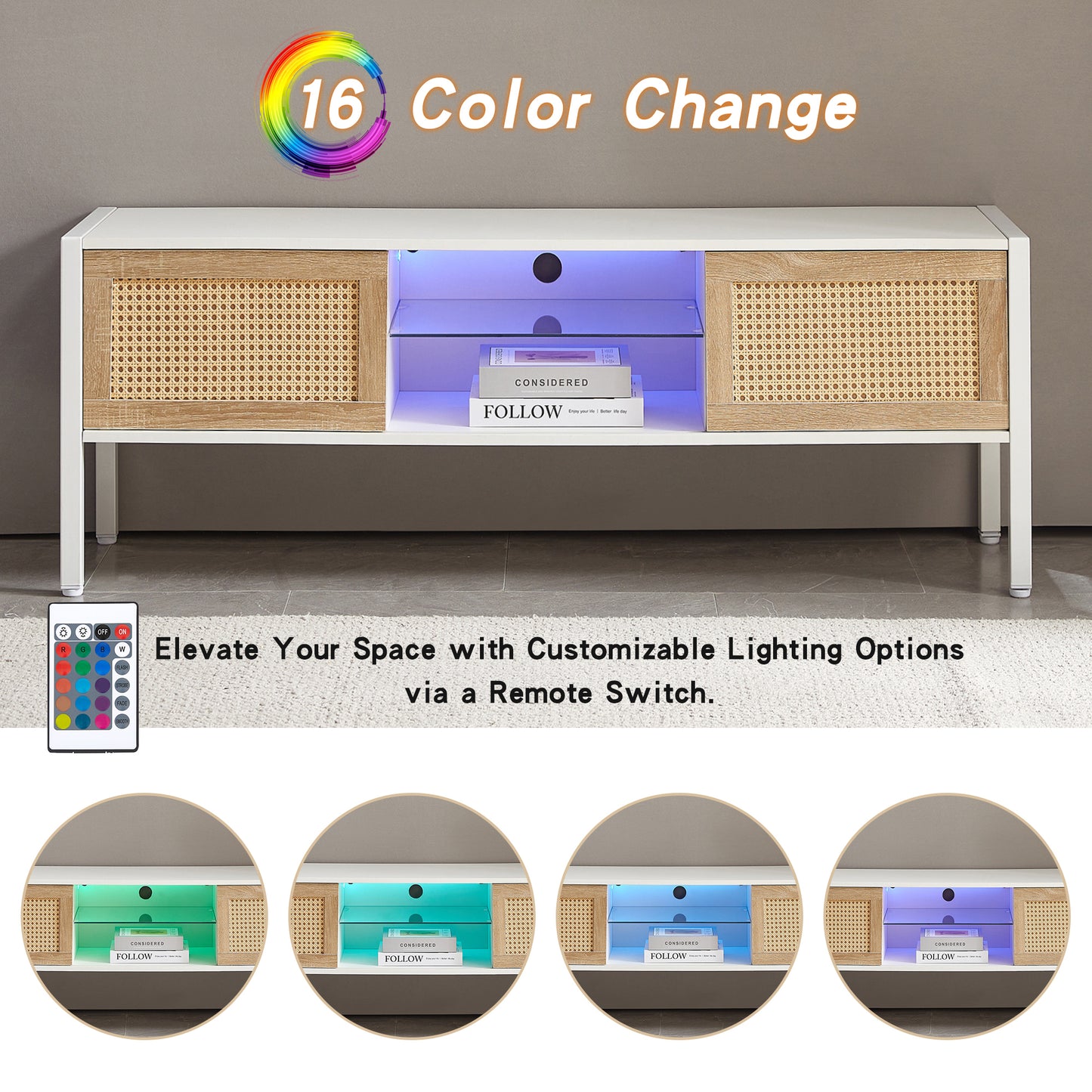 Rattan TV Cabinet with Color Changing Light Strip Double Sliding Doors Adjustable Shelf Metal Legs for Living Room White