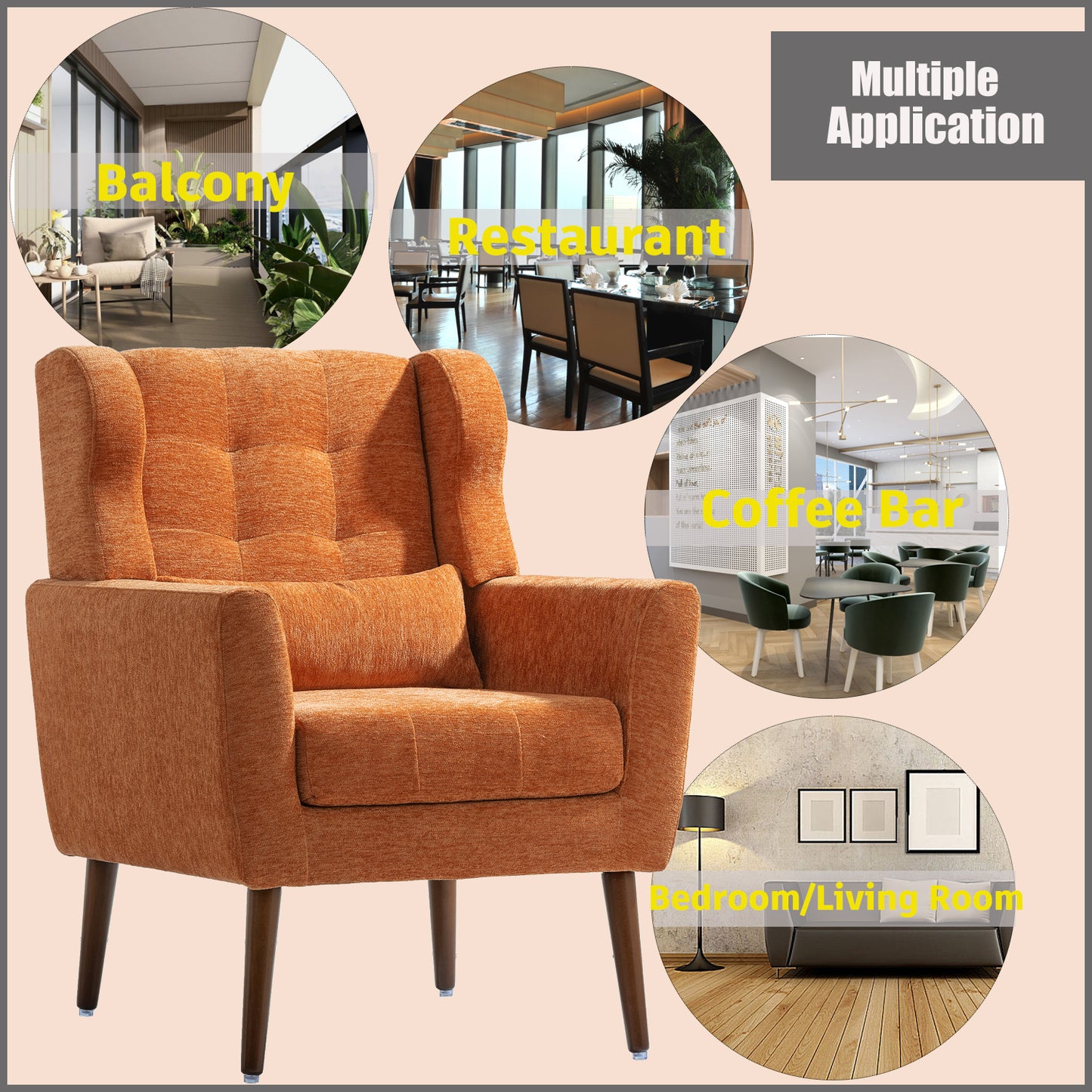 Orange Chenille Accent Chair for Living Room Soft Padded Armchair with Pillow Solid Wood Legs Ideal for Small Spaces