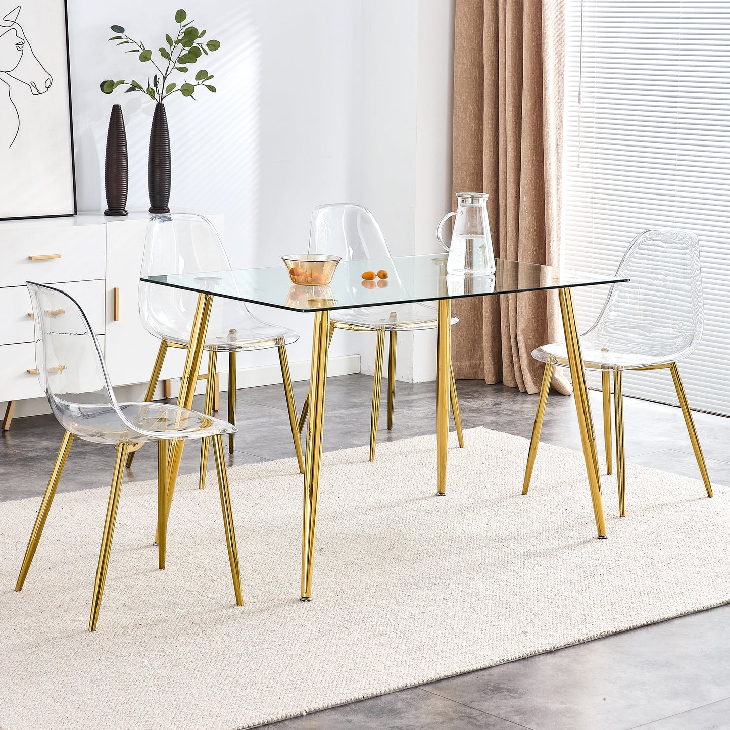 Modern Minimalist Transparent Dining Chair Set with Gold-Plated Metal Legs - Nordic Armless Crystal Makeup Stools 6-Piece TW-1200