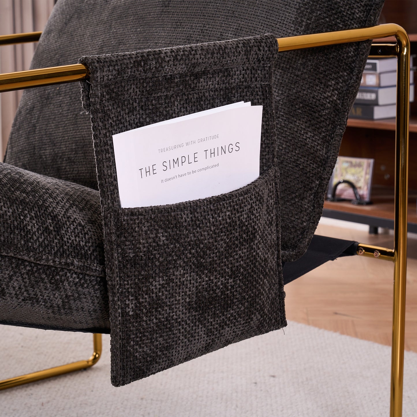 Dual Armchair Set in One Box Upholstered Hanging Chairs with Arm Pockets Metal Frame Dark Gray Crushed Foam Cushions for Living Room Bedroom