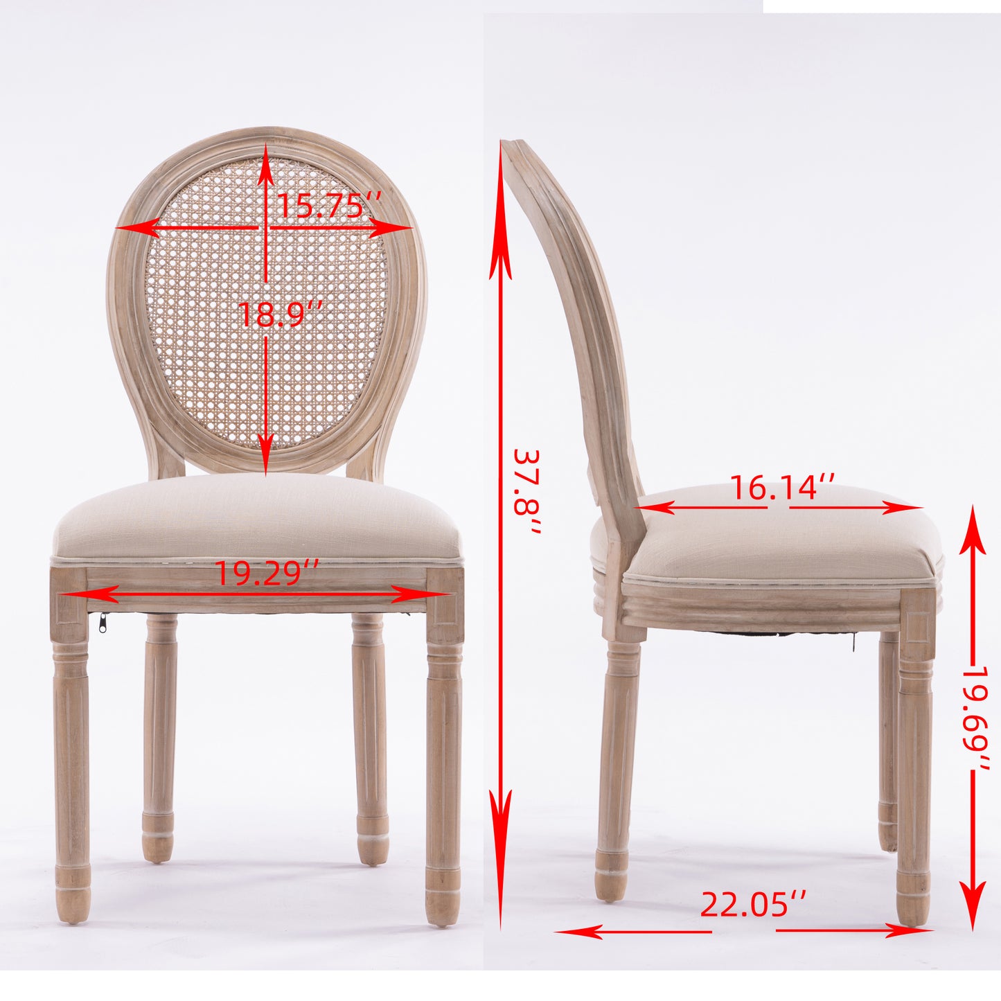 French Style Solid Wood Frame  Linen Fabric Rattan Back Dining Chair,Set of 2,Cream