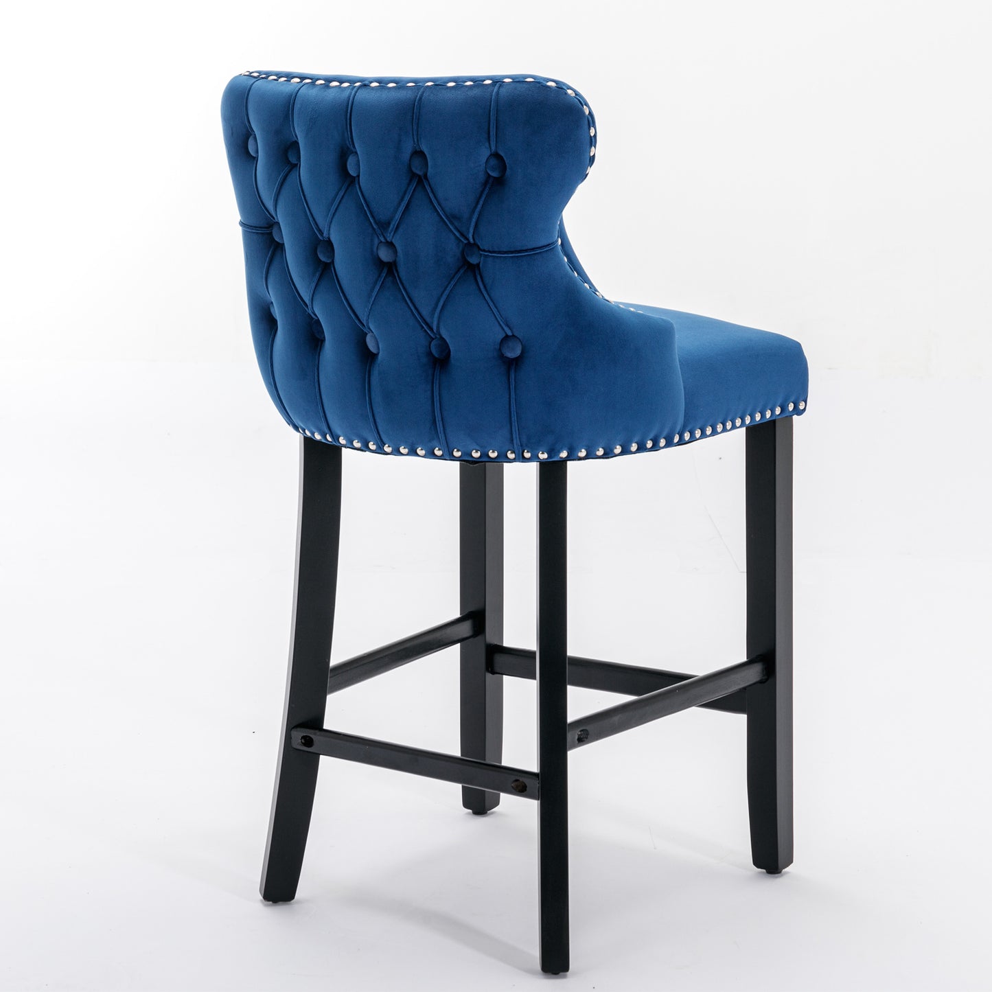 Contemporary Blue Velvet Wing-Back Barstools with Tufted Design and Wooden Legs Set of 2