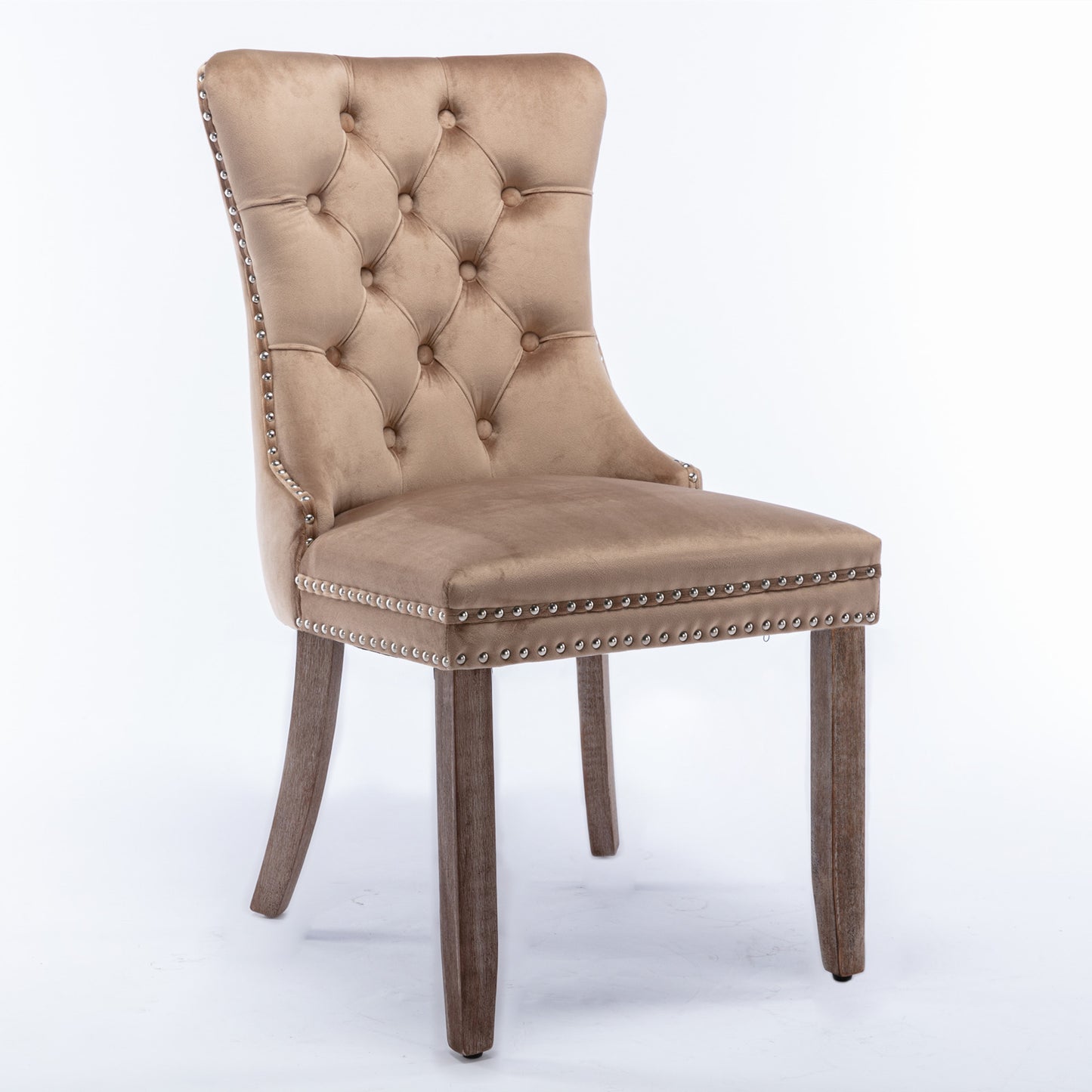 Modern Velvet Upholstered Dining Chair Set with Tufted Design and Nailhead Trim Solid Wood Legs Khaki 2-Pcs