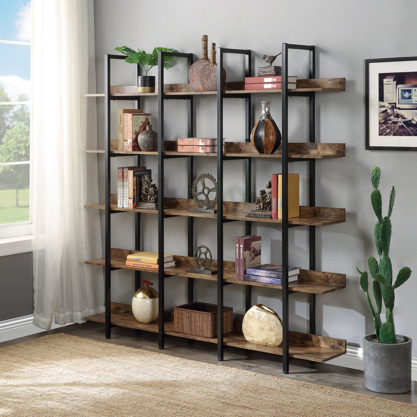 5 Tier Open Bookshelf Vintage Industrial Style Metal Frame MDF Board Home Office Storage Shelf