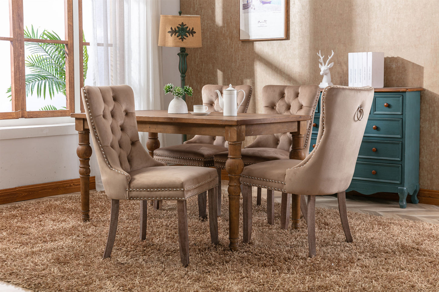 Modern Velvet Upholstered Dining Chair Set with Tufted Design and Nailhead Trim Solid Wood Legs Khaki 2-Pcs