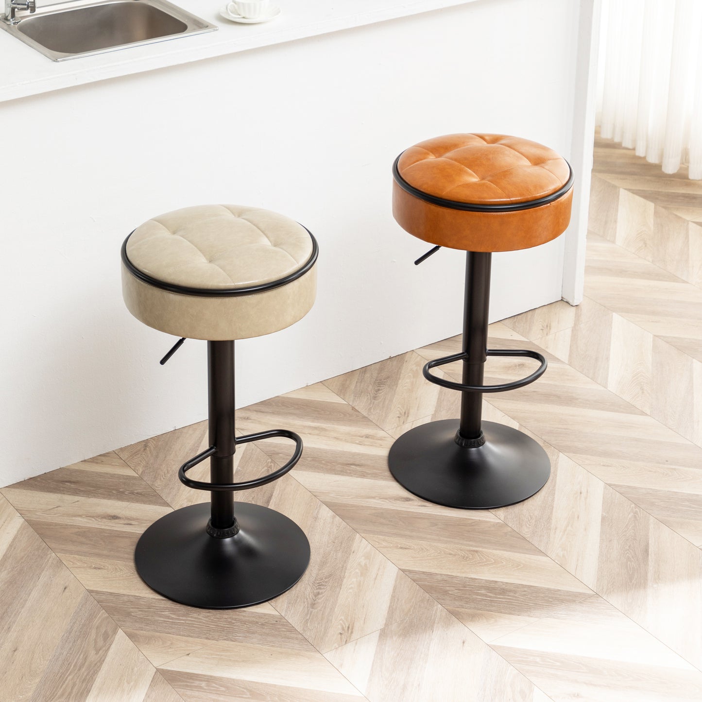 Adjustable Brown Faux Leather Bar Stool Set of 2 360° Swivel Armless Counter Height Chairs for Kitchen Dining Living Room