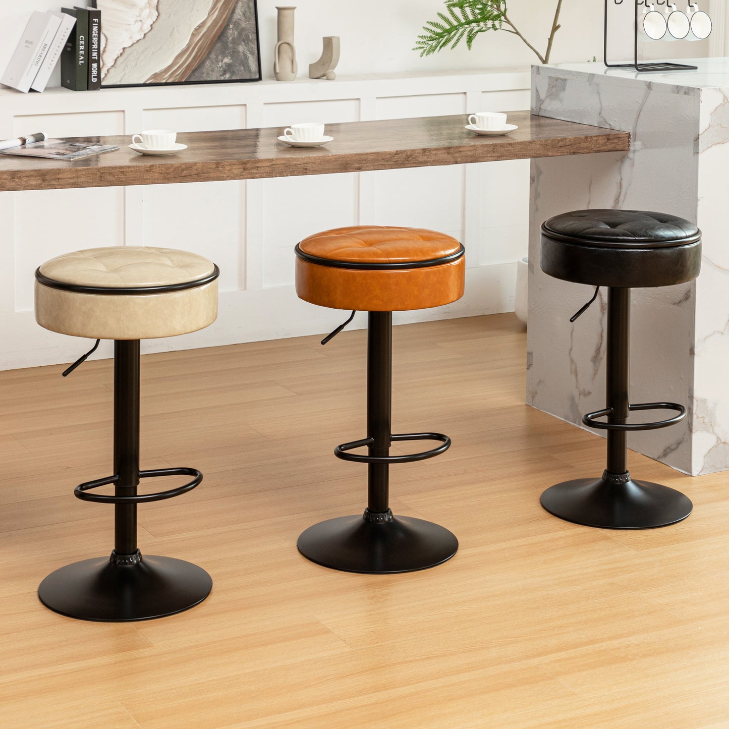 Khaki Faux Leather Adjustable Bar Stool Set of 2 360° Swivel Armless Counter Chairs with Metal Frame for Kitchen Dining Living Room