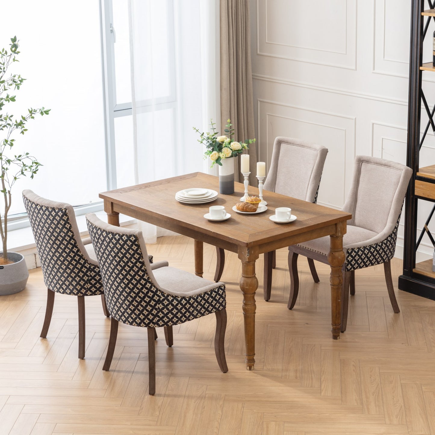 Ultra Side Dining Chairs Set of 2 Beige Thick Fabric with Solid Wood Legs and Bronze Nail Head