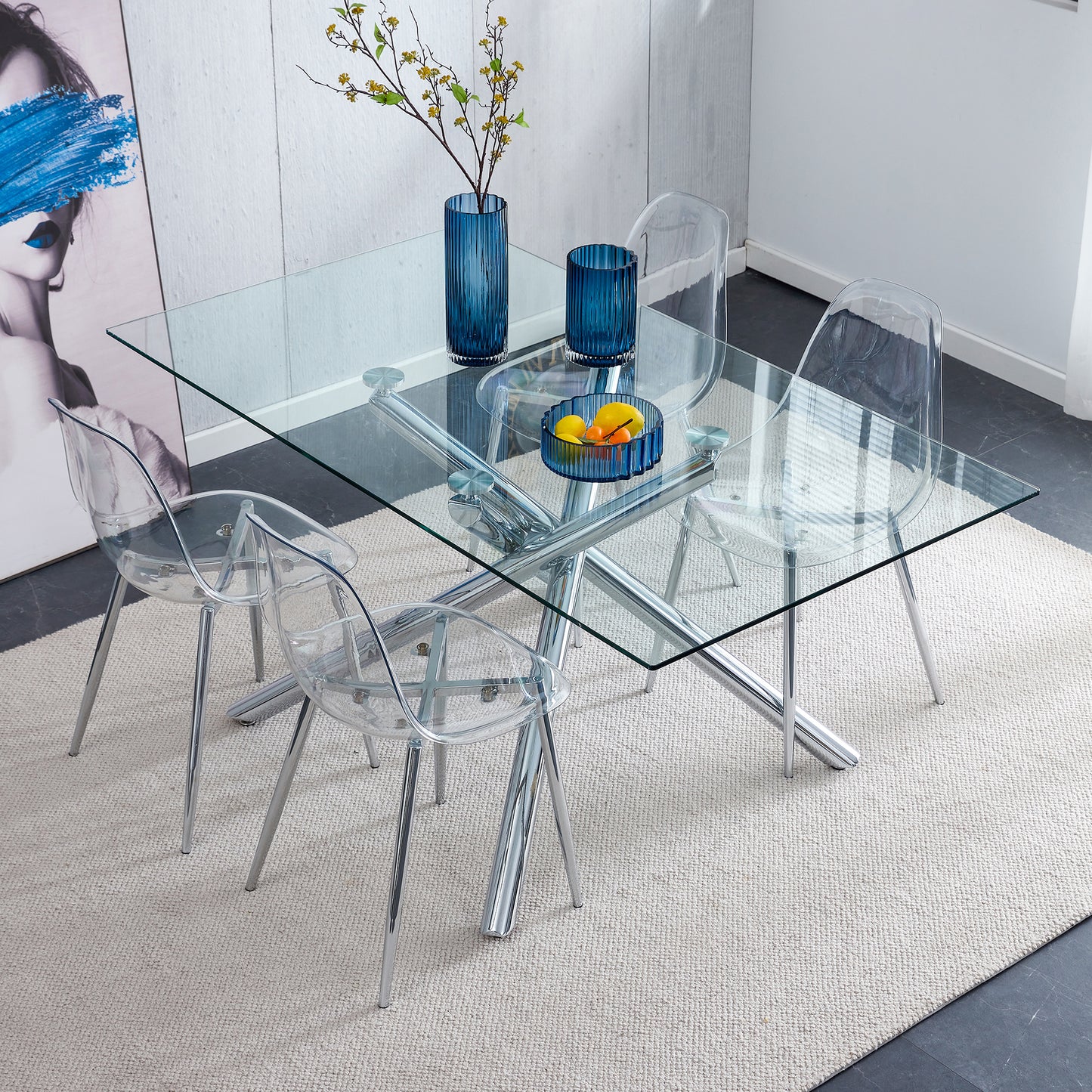Modern Minimalist Transparent Dining Chair Set 6pcs Armless Nordic Makeup Stool with Silver Plated Metal Legs
