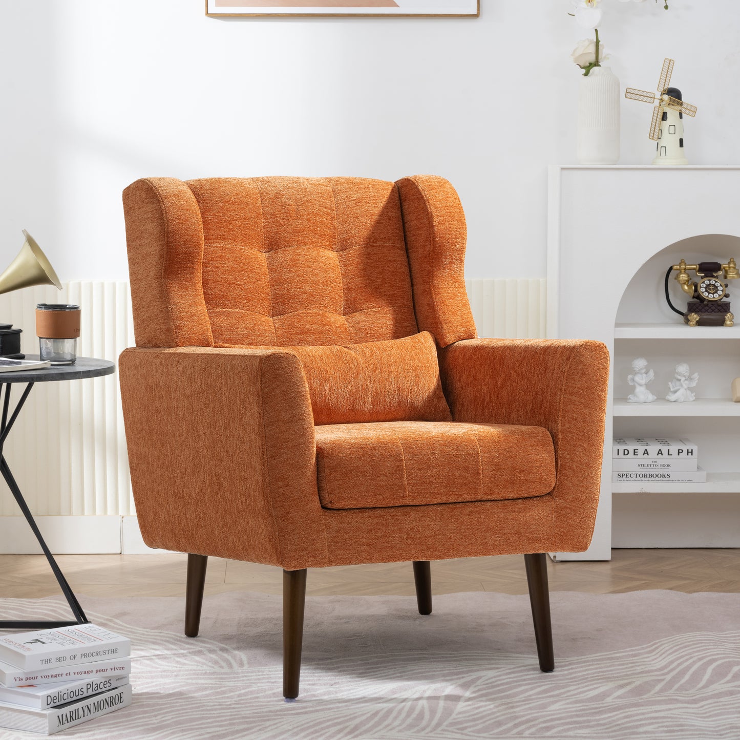 Orange Chenille Accent Chair for Living Room Soft Padded Armchair with Pillow Solid Wood Legs Ideal for Small Spaces
