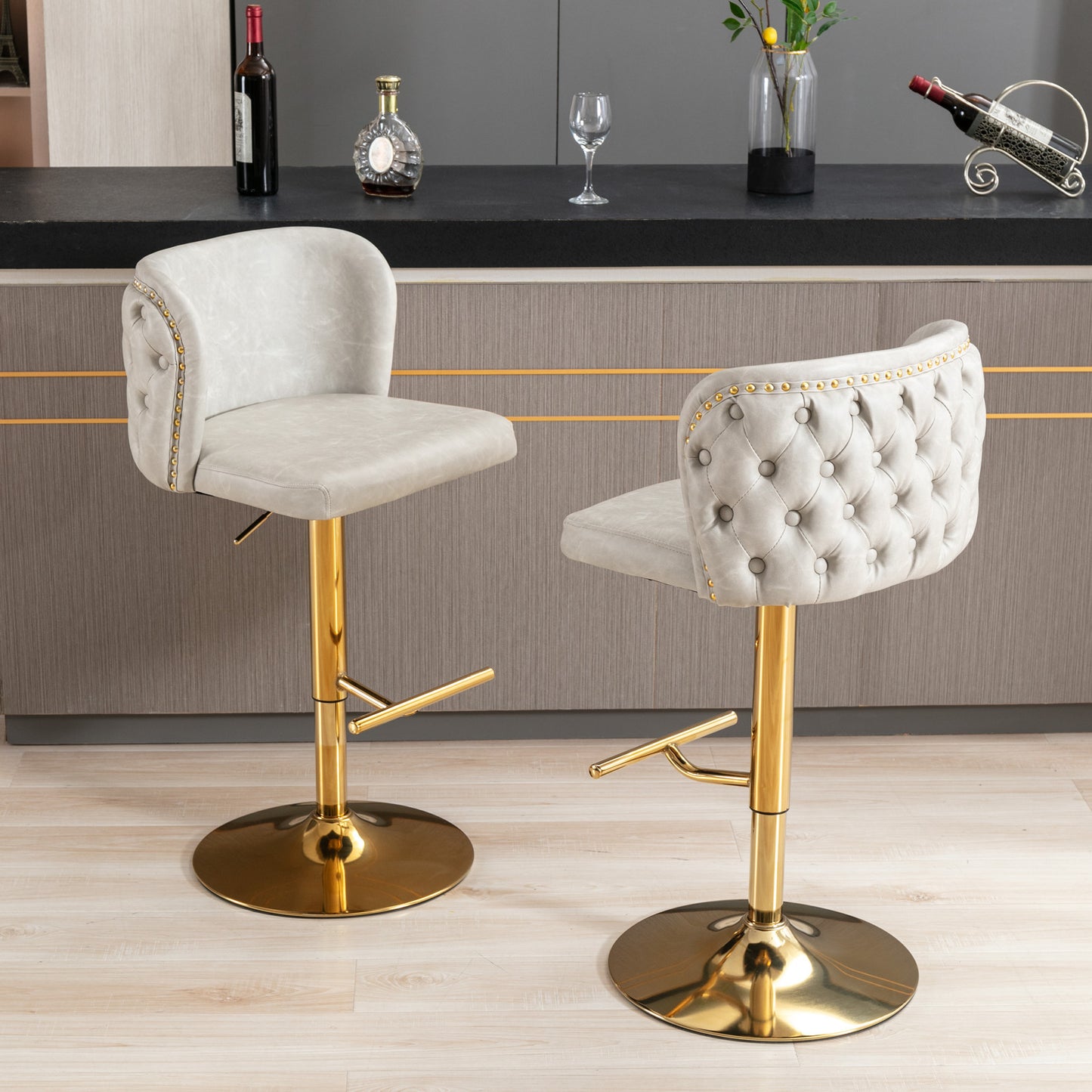 Adjustable Height Swivel Bar Stools with Tufted Backrest Modern PU Upholstery for Kitchen Island and Home Pub Beige Set of 2
