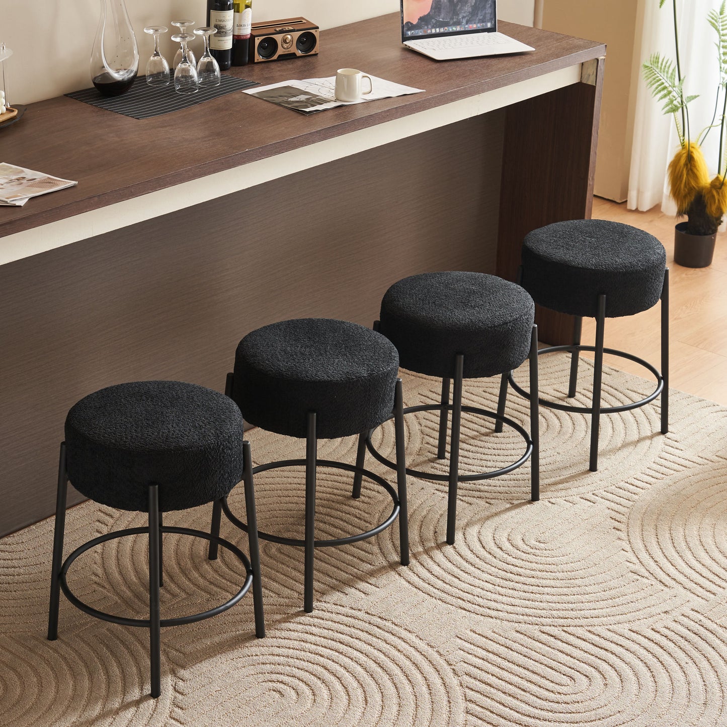 Set of 2 24 Inch Tall Round Upholstered Bar Stools for Kitchen and Coffee Shops Contemporary Design