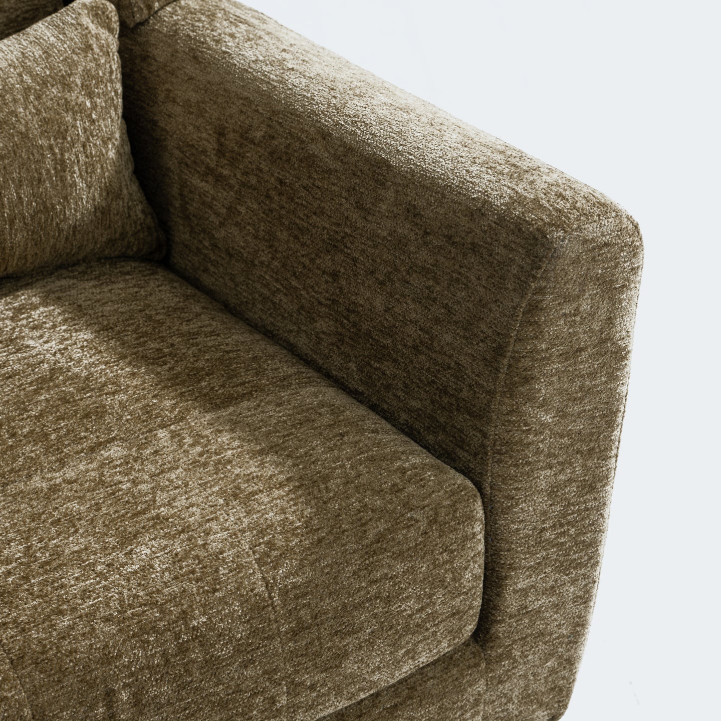 Olive Green Chenille Accent Chair for Living Room Modern Upholstered Armchair with Pillow and Solid Wood Legs
