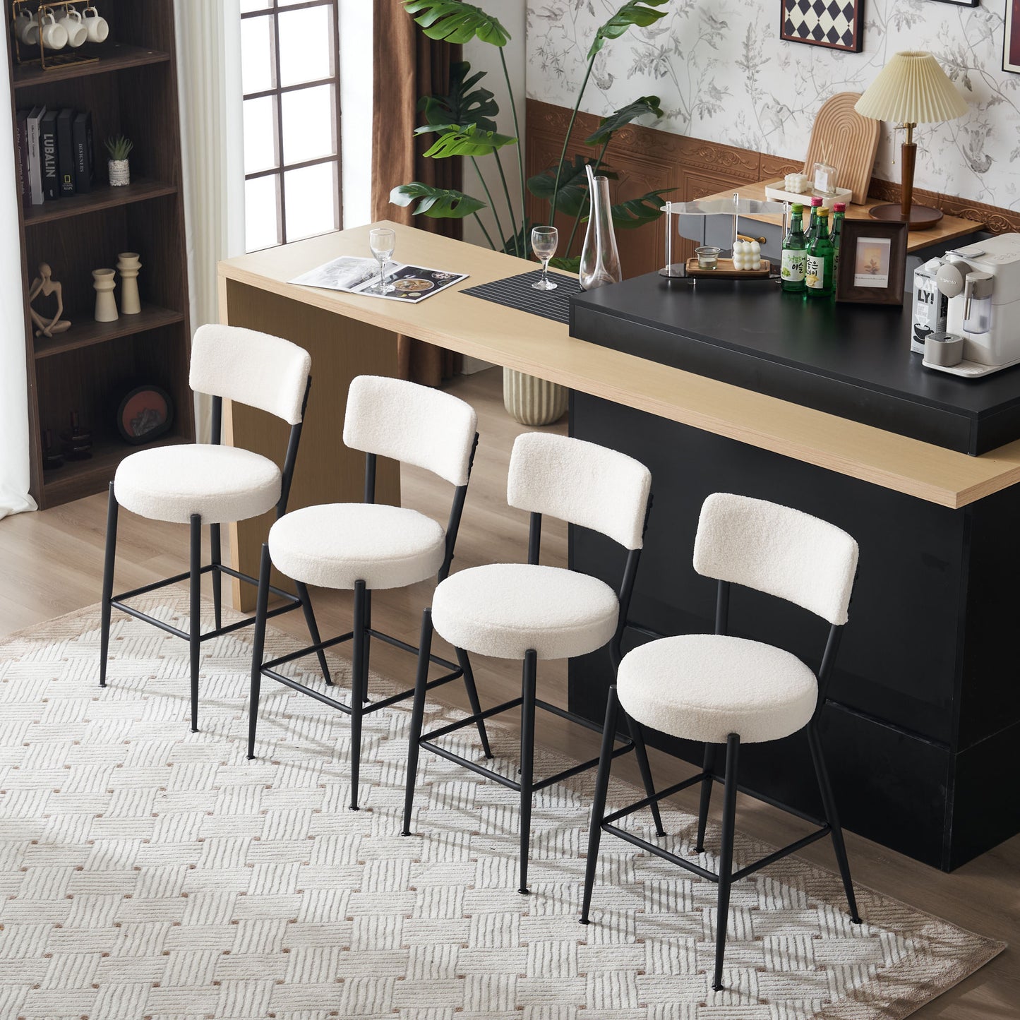 Beige Modern Teddy Fabric Bar Stools Set of 2 Stylish Metal Base High Seating for Kitchen Dining Living Room