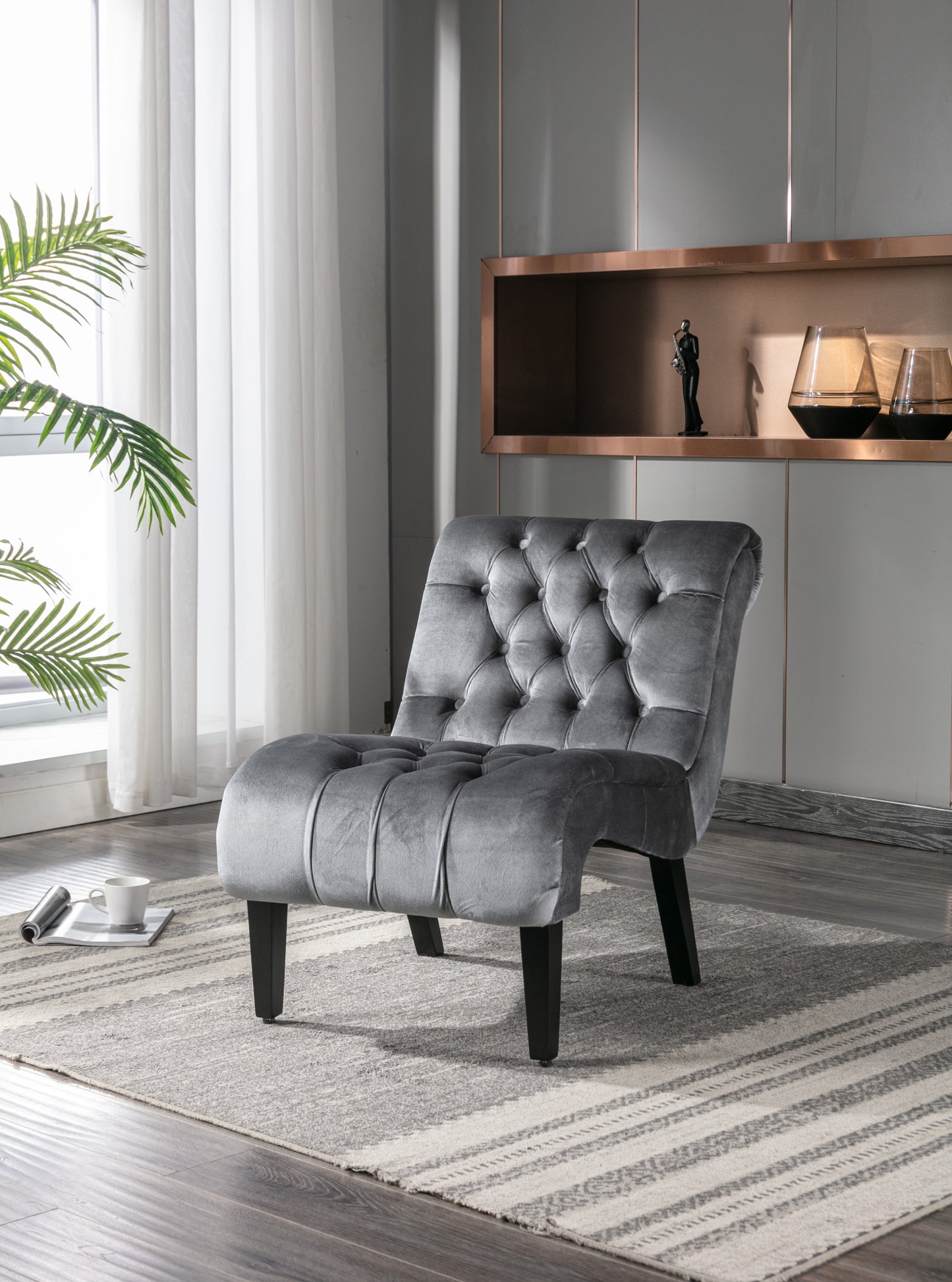 Modern Velvet Armless Accent Chair Upholstered Fabric Comfortable Leisure Chair with Wooden Legs for Living Room Bedroom Office Silver