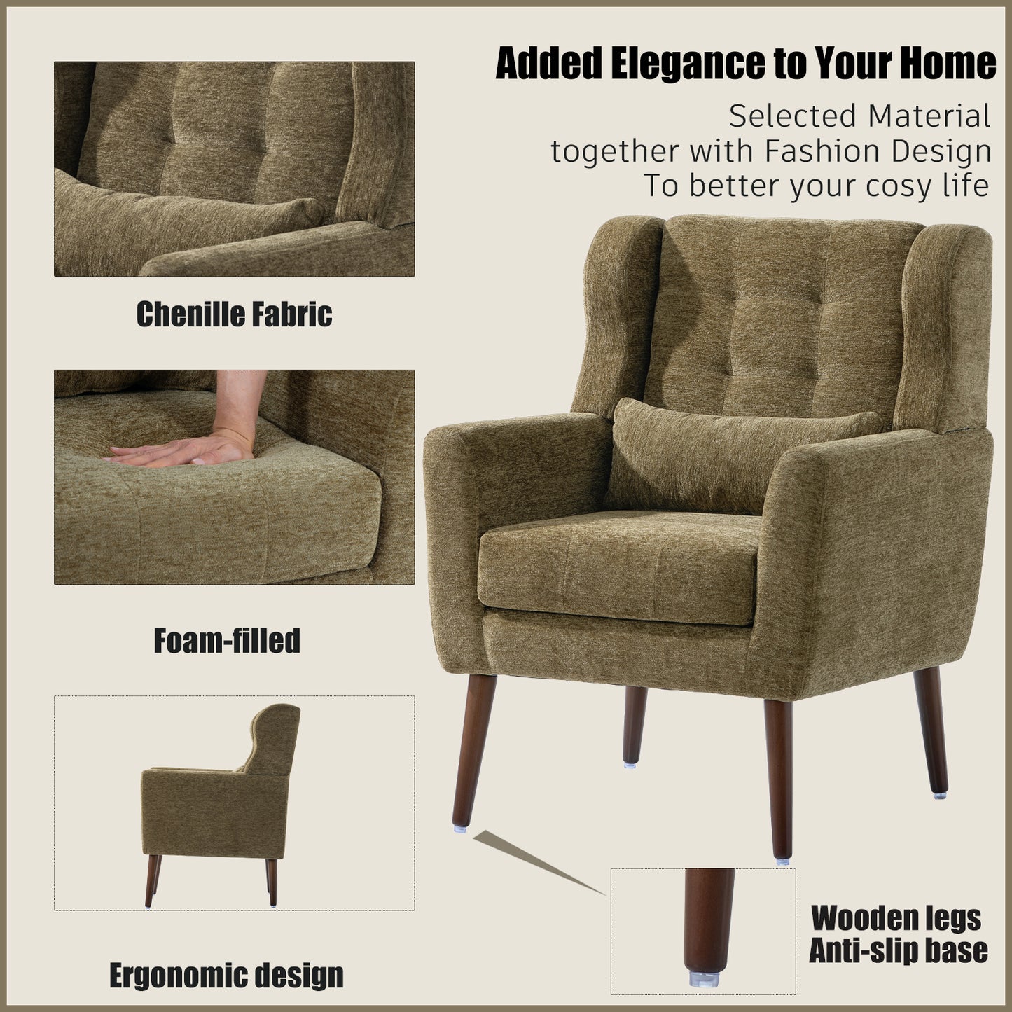 Olive Green Chenille Accent Chair for Living Room Modern Upholstered Armchair with Pillow and Solid Wood Legs