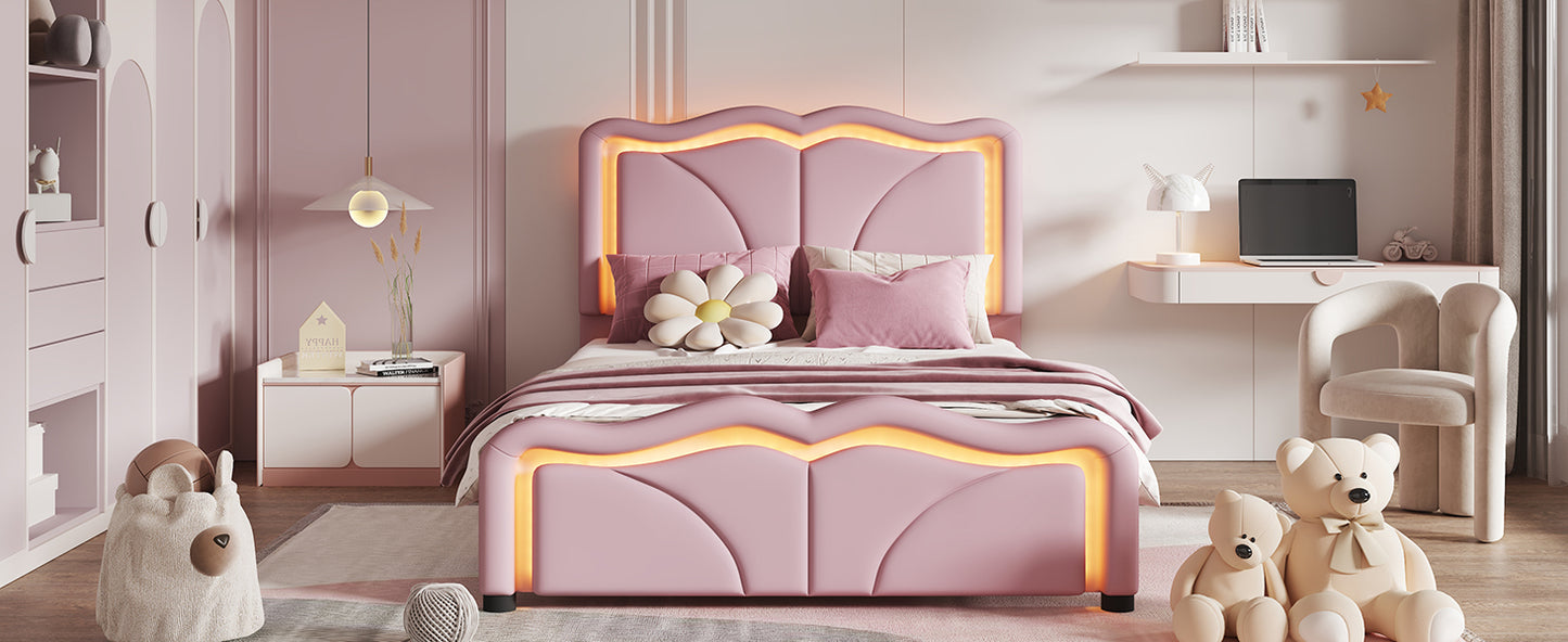 Twin Size Upholstered Platform Bed with Curve Shaped and Height-adjustbale Headboard,LED Light Strips,Pink