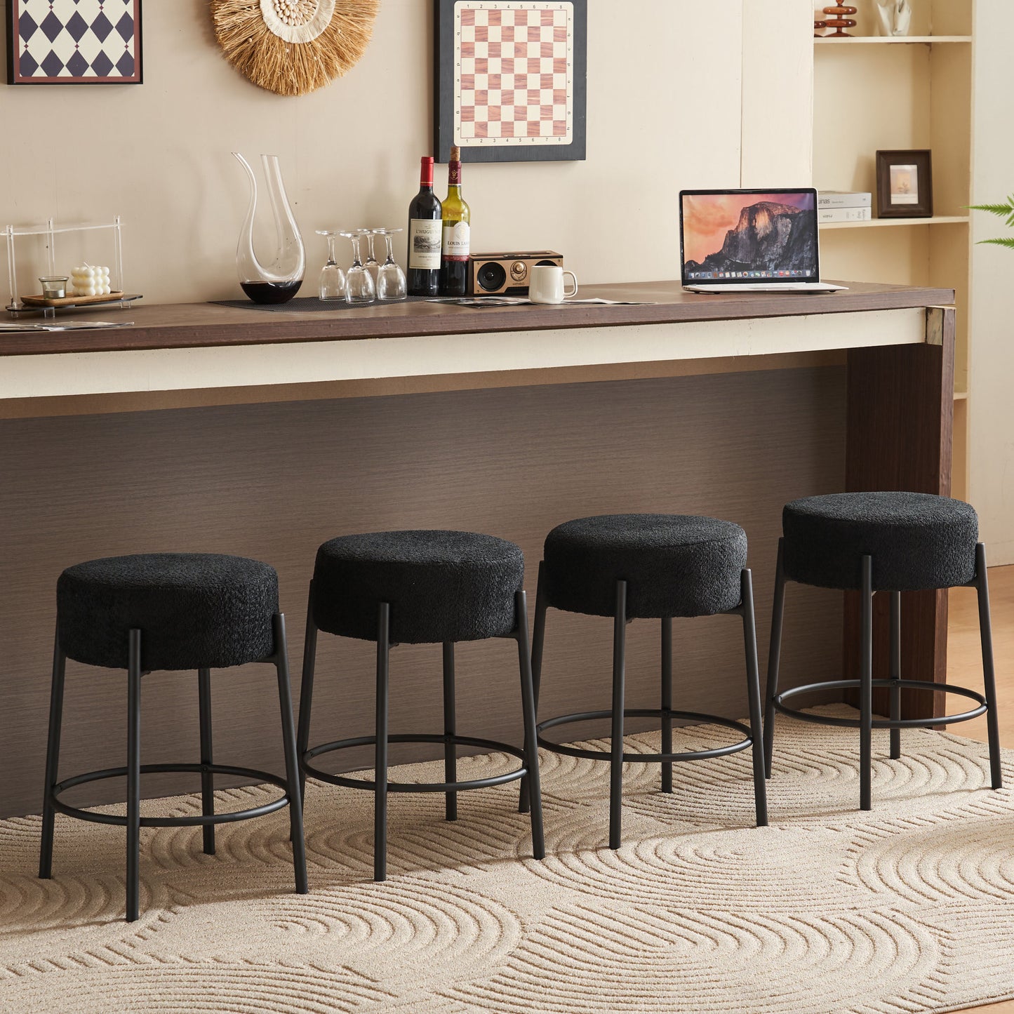 Set of 2 24 Inch Tall Round Upholstered Bar Stools for Kitchen and Coffee Shops Contemporary Design