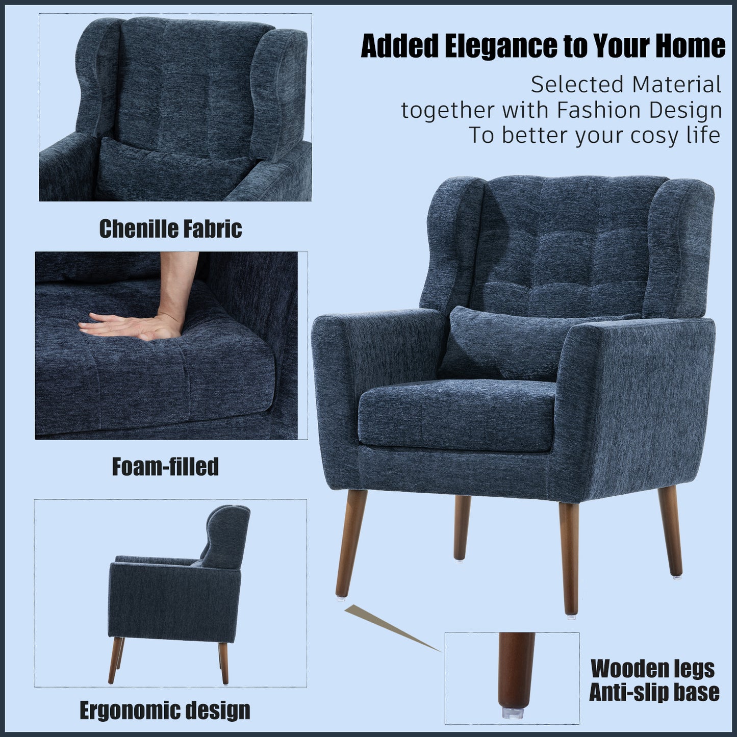 Dark Blue Chenille Accent Chair for Small Spaces Upholstered Modern Armchair with Pillow and Solid Wood Legs