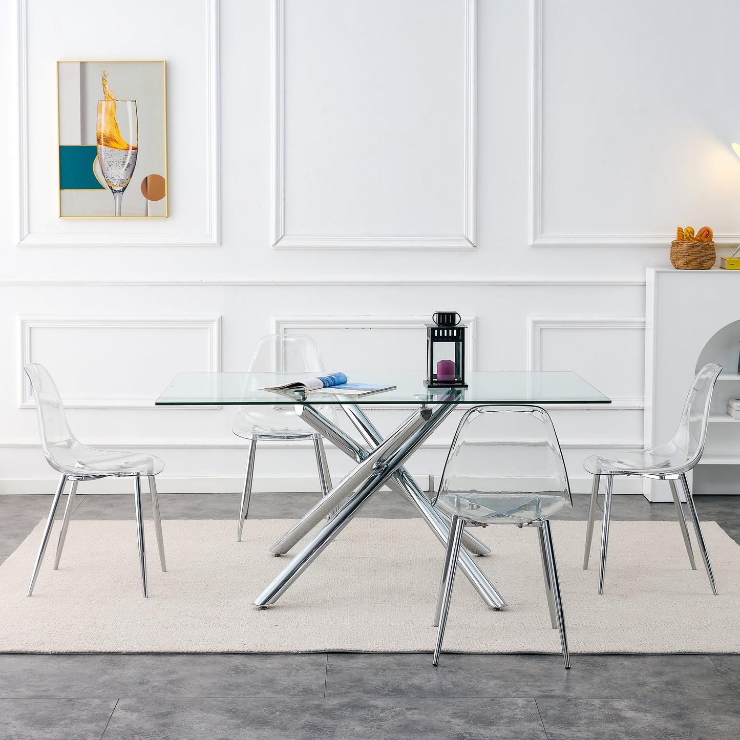 Modern Minimalist Transparent Dining Chair Set 6pcs Armless Nordic Makeup Stool with Silver Plated Metal Legs