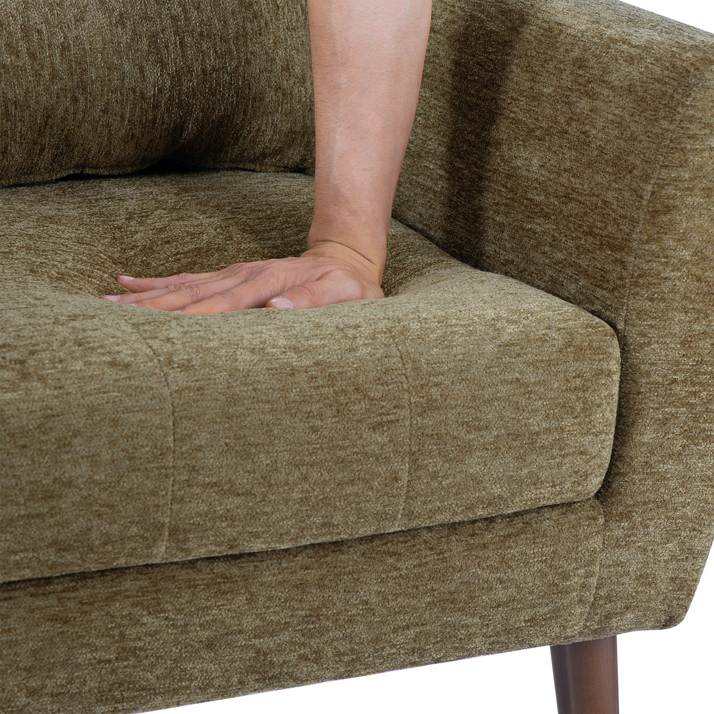 Olive Green Chenille Accent Chair for Living Room Modern Upholstered Armchair with Pillow and Solid Wood Legs