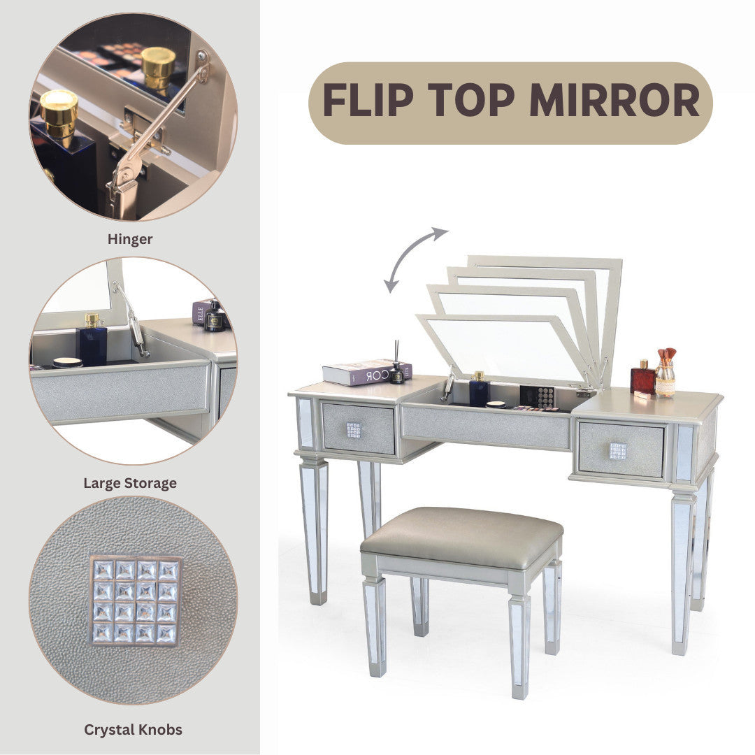Mirrored Vanity Desk with Drawers and Stool, Flip Top Makeup Table Set for Bedroom, Stylish Dressing Table for Women and Girls