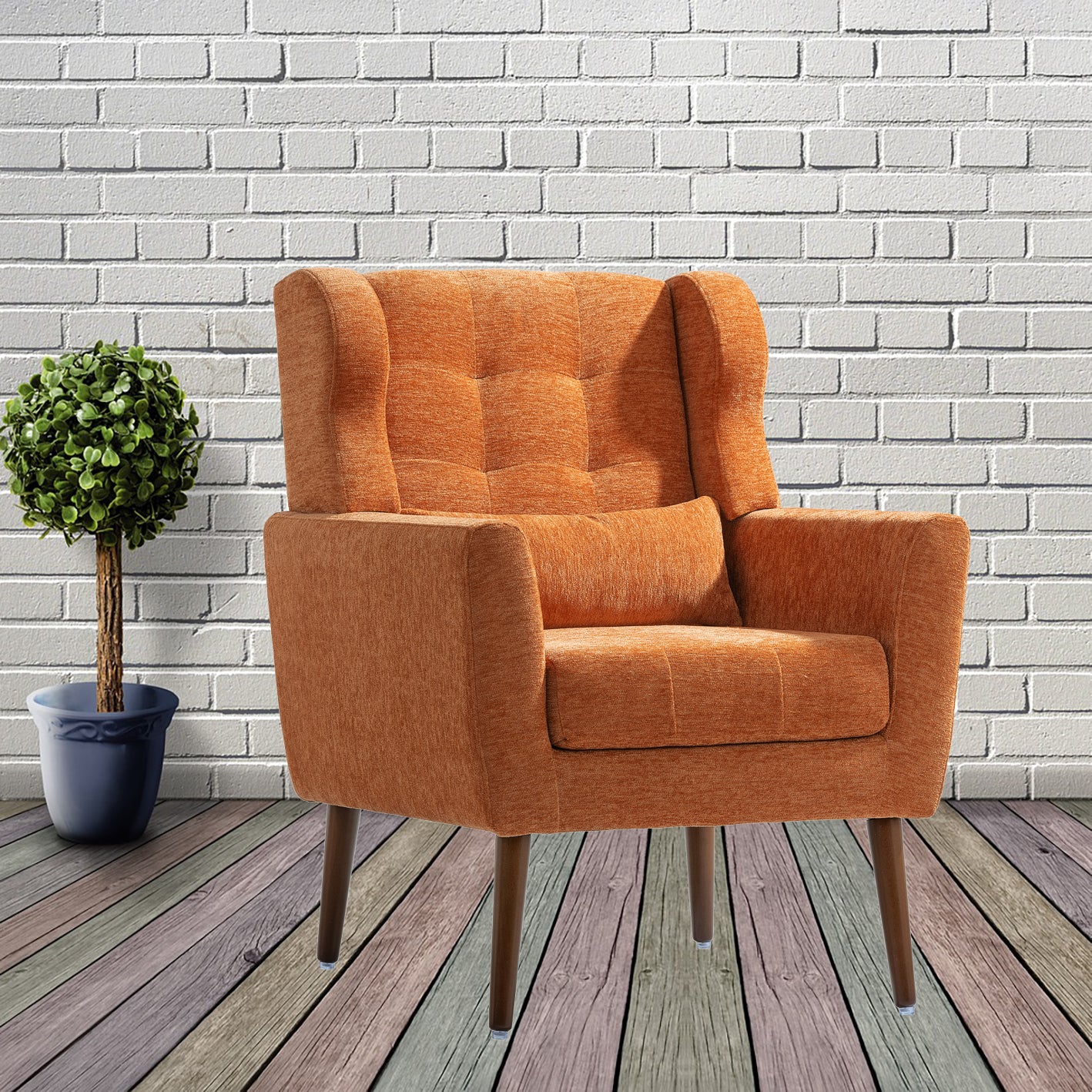 Orange Chenille Accent Chair for Living Room Soft Padded Armchair with Pillow Solid Wood Legs Ideal for Small Spaces