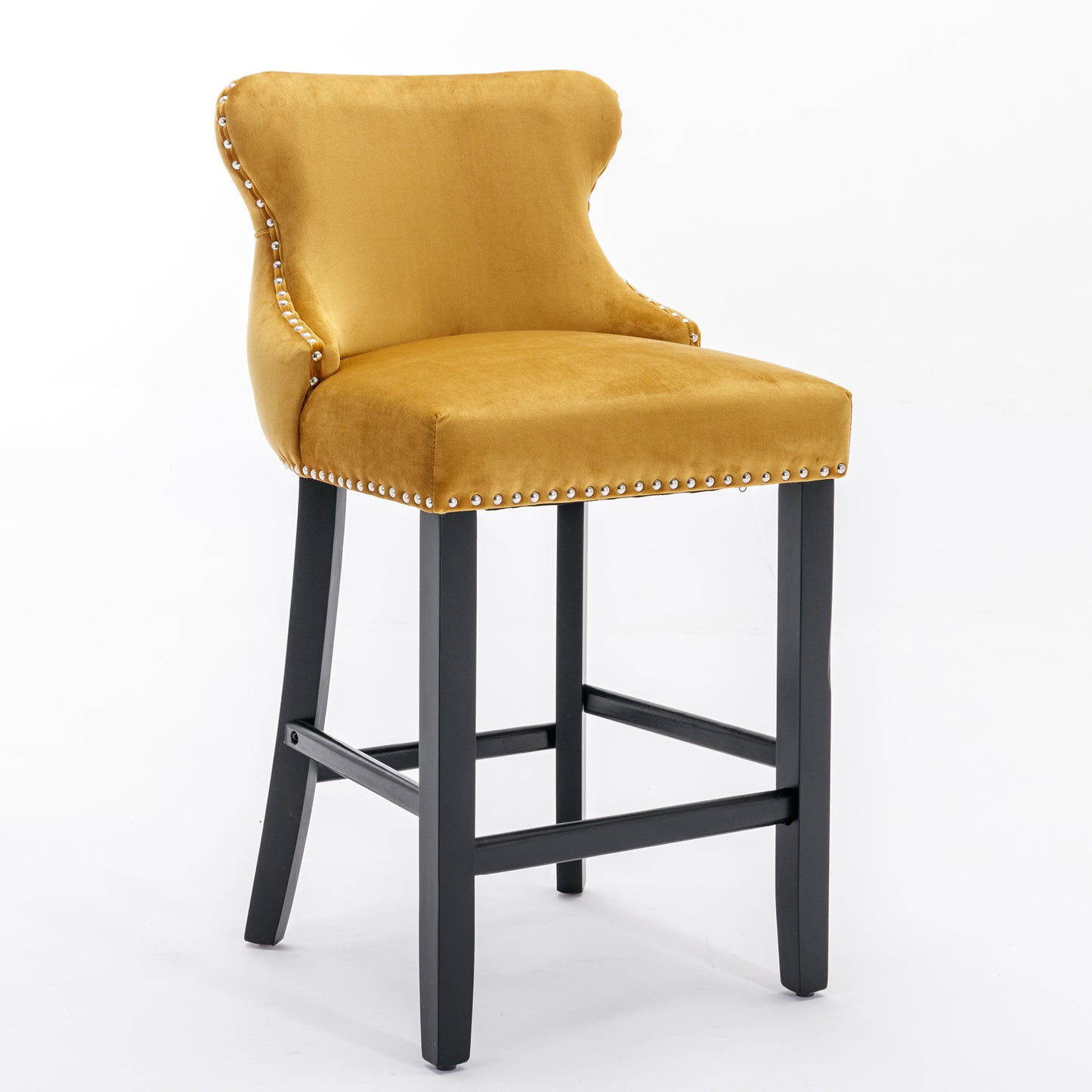 Gold Velvet Wing-Back Barstools with Button Tufting and Chrome Nailhead Trim Set of 2