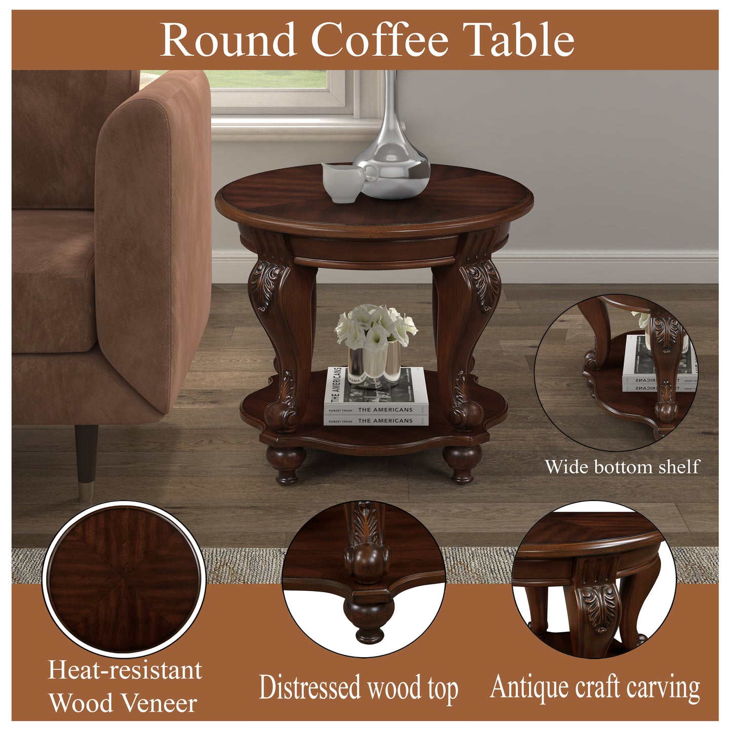 22'' Retro Round End Table,Solid Wood Sofa Side Table with Shelf,Living Room Corner Table Easy Assemble,Cherry